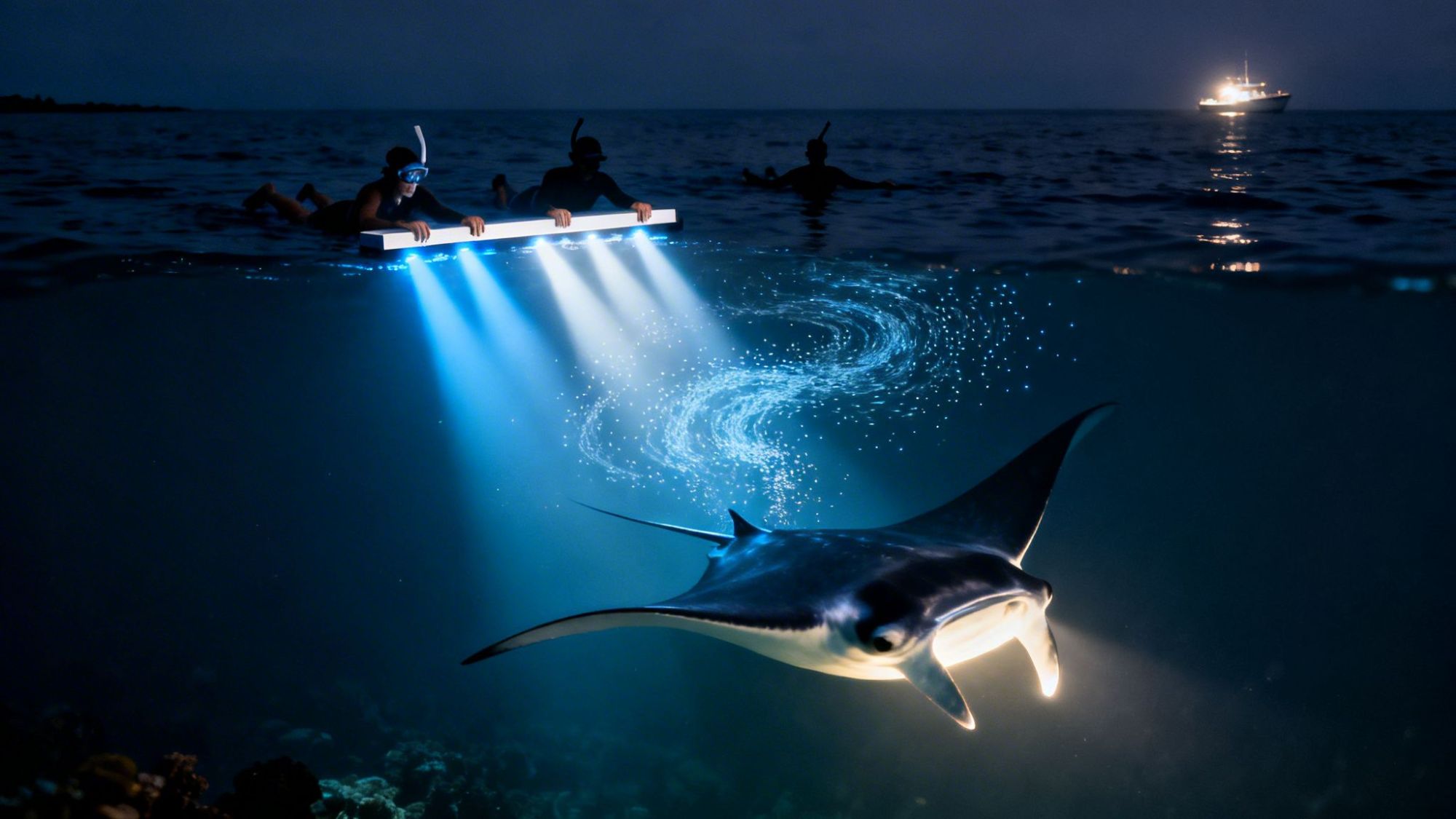 People snorkeling with lights above a manta ray swimming in the ocean at night.