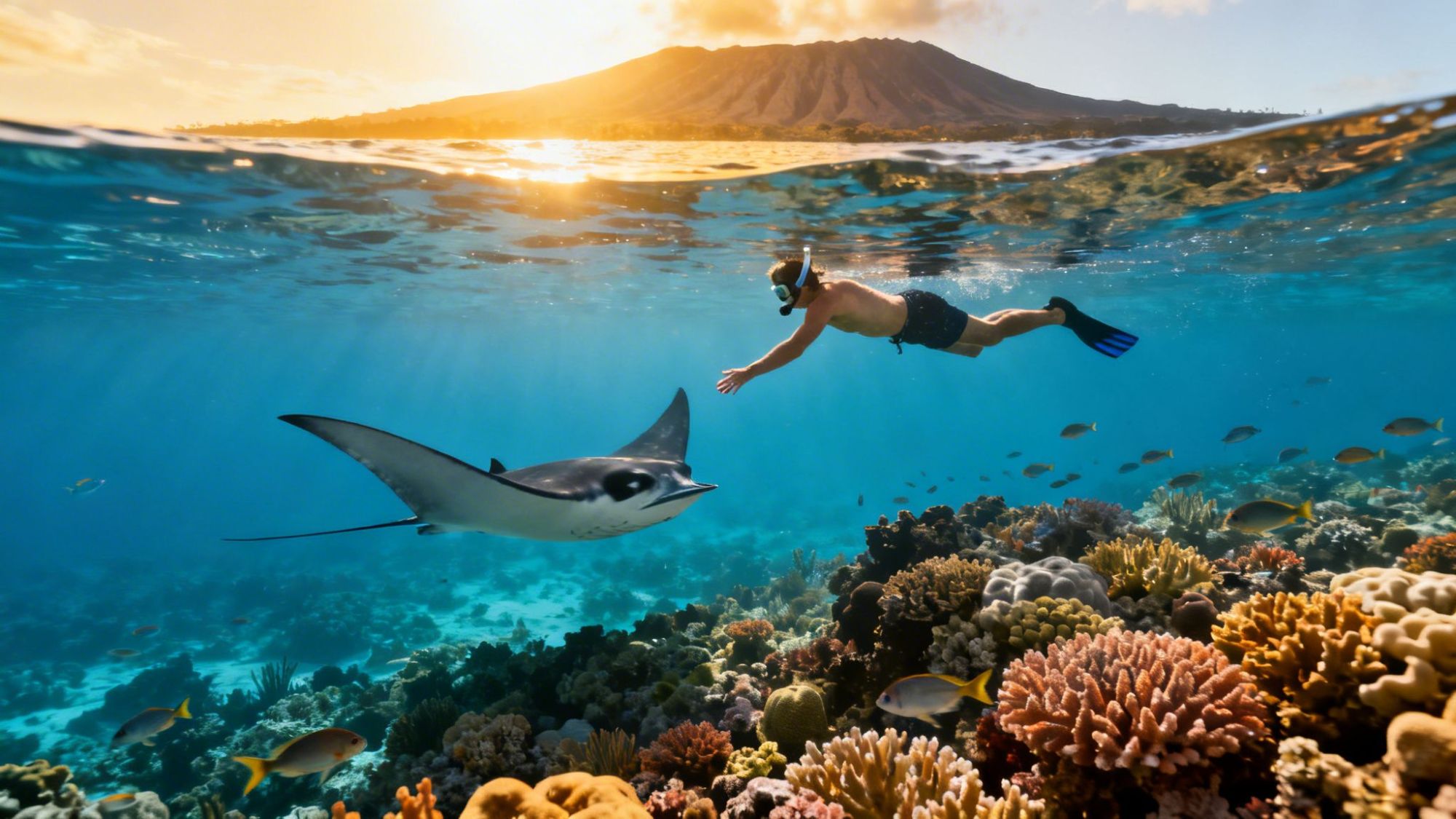 Snorkeler swims near coral reef with manta ray, mountain in background at sunrise.