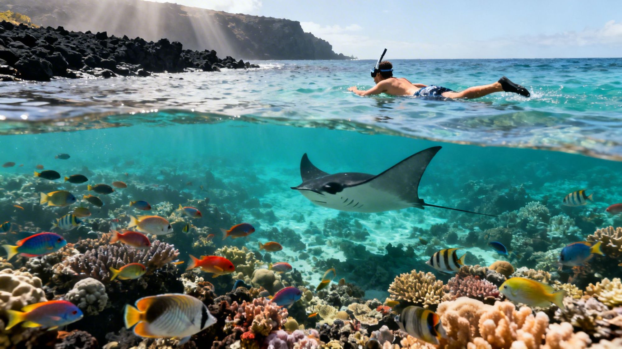 Person snorkeling above coral reef with fish and manta ray underwater.