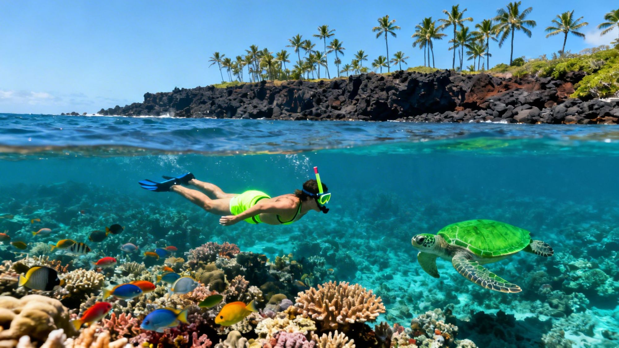 Snorkeler swimming near colorful coral and sea turtle in clear ocean water with palm trees on the shore.