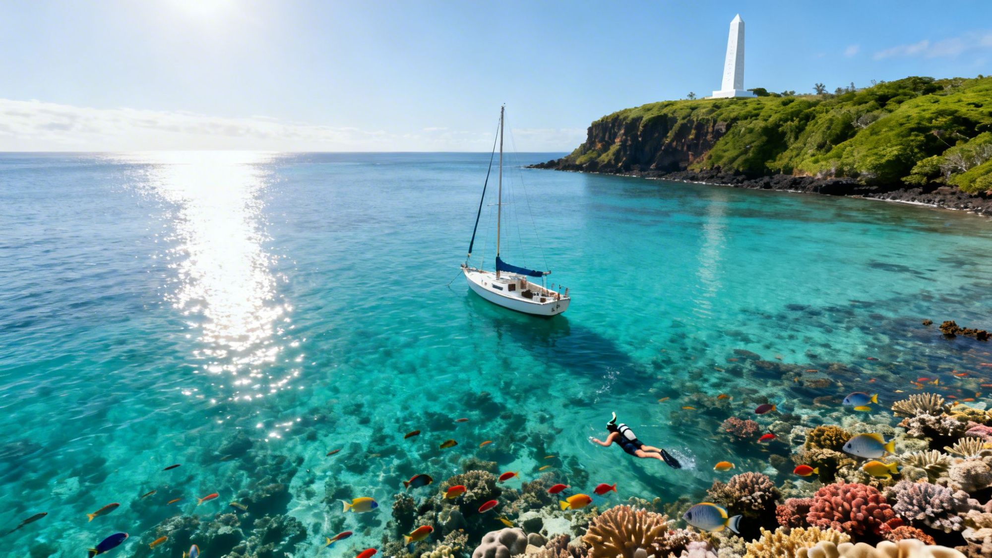 Person snorkeling near coral reef; sailboat and lighthouse on cliff in background.