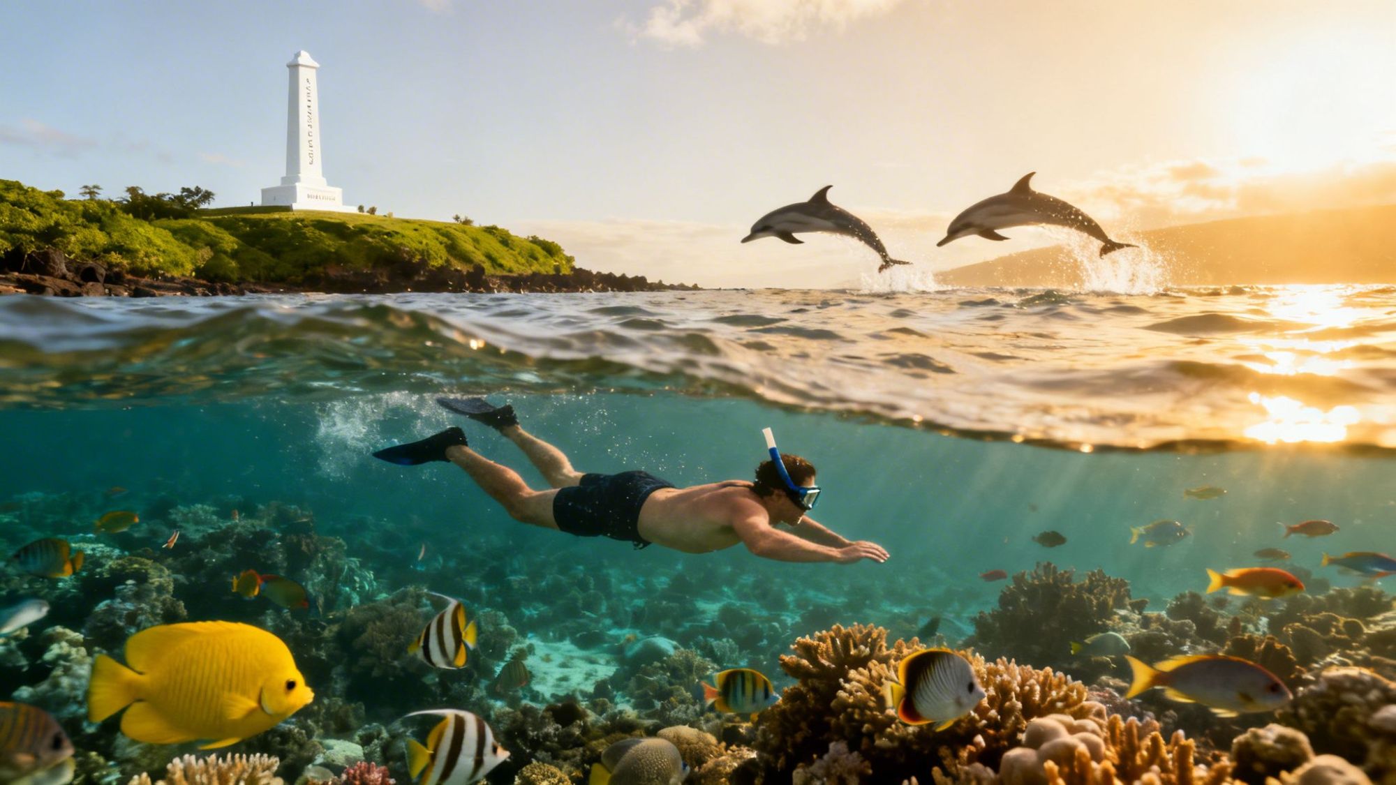 Snorkeler among colorful fish, dolphins jumping, and a monument on a sunny day.