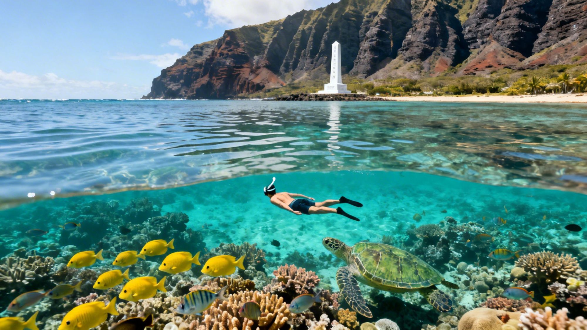 Person snorkeling near coral reef with tropical fish and turtle below mountainous coast.