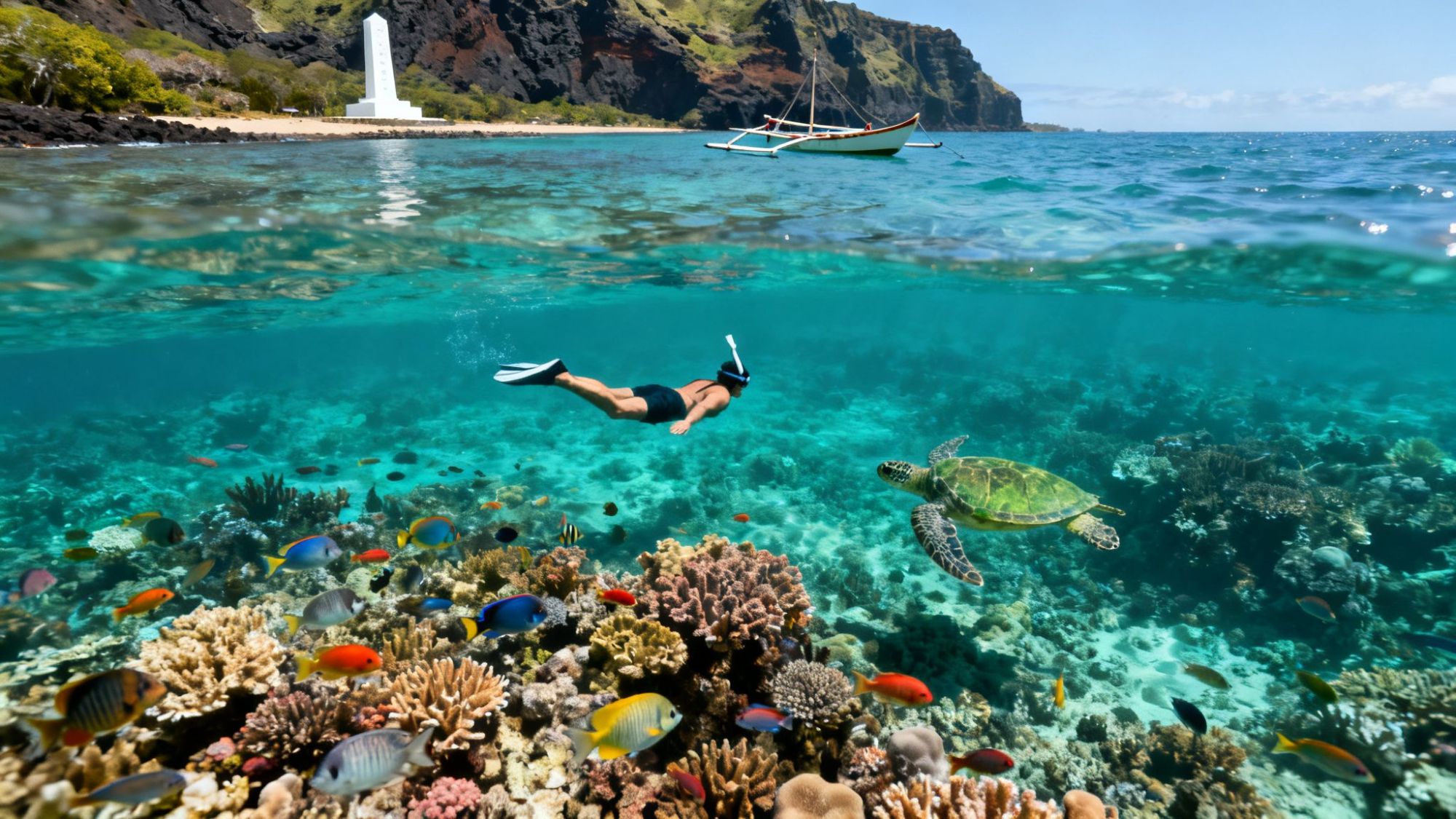 Person snorkeling over coral reef with colorful fish and turtle; white monument and boat in background.