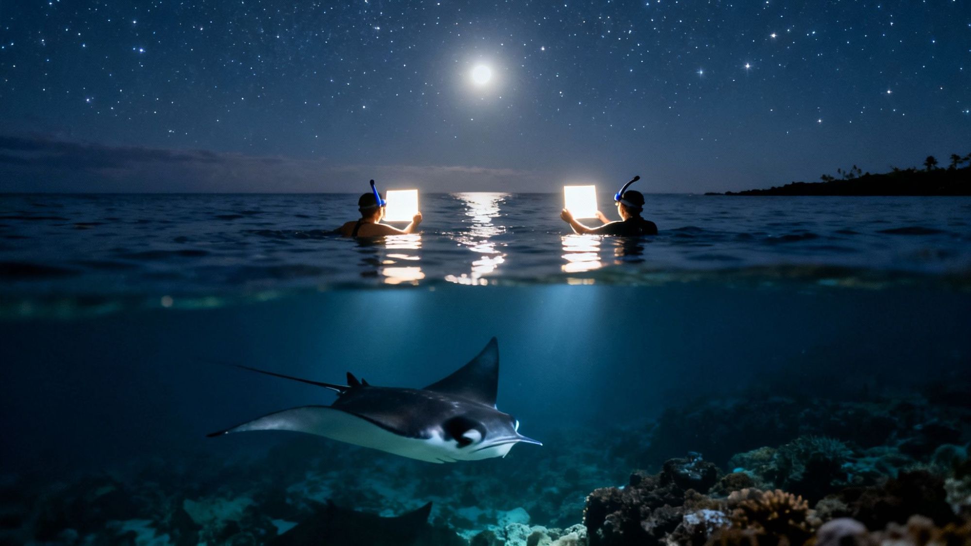Two snorkelers with lights on a starry night, manta ray swimming below them in clear water.