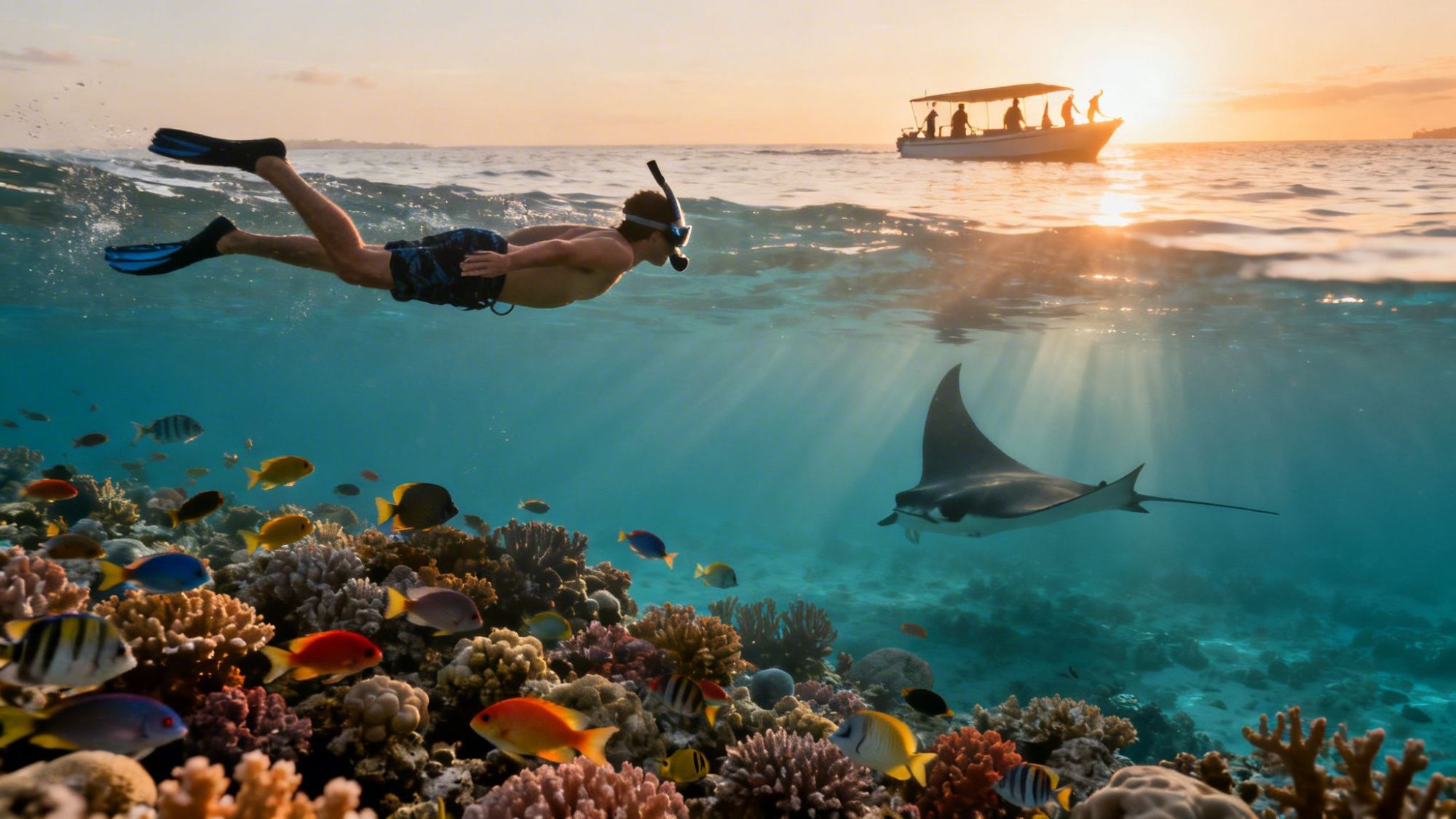 Snorkeler near coral reef with fish, a manta ray, and a boat above at sunset.