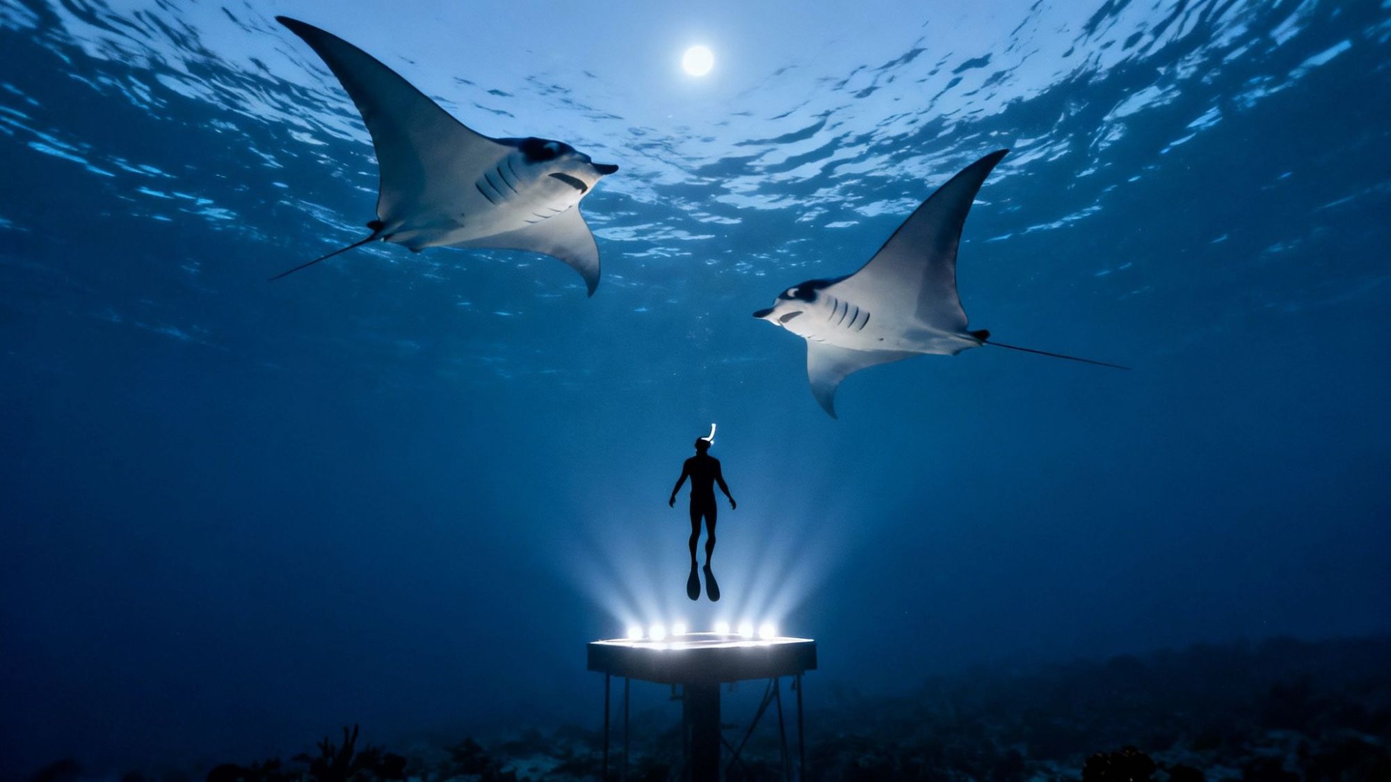 Diver under moonlit water with two manta rays near a lit platform.