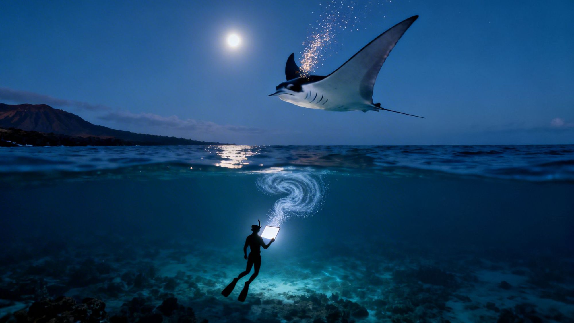 Underwater diver with laptop under moonlit sky and manta ray overhead.