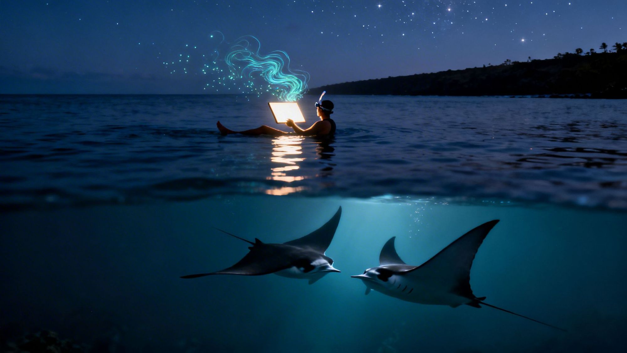 Person in water using laptop at night with glowing effects. Manta rays swim below. Starry sky above.