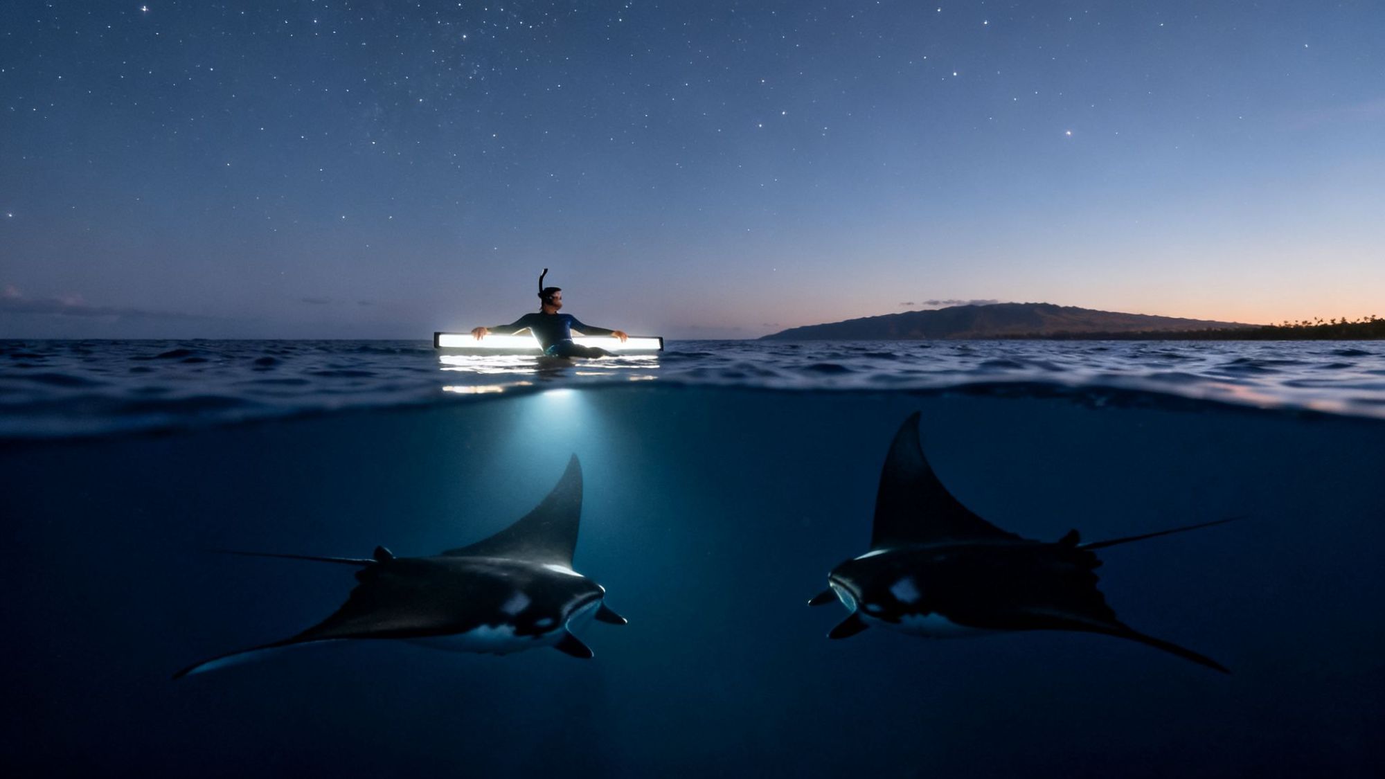 Diver on illuminated board above water with two manta rays below, under a starry sky.