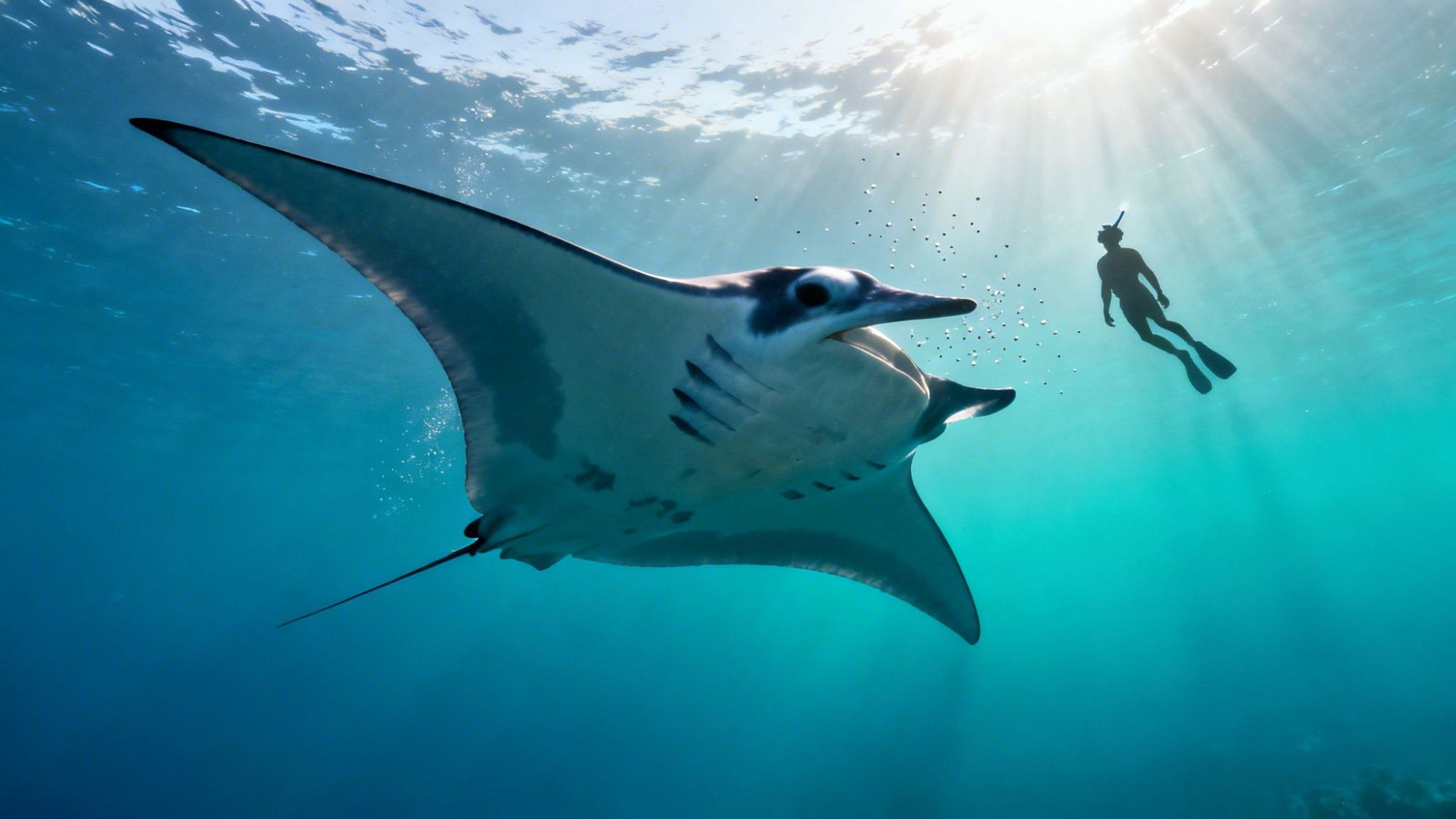 Manta ray swimming with a snorkeler underwater, sun rays visible above.