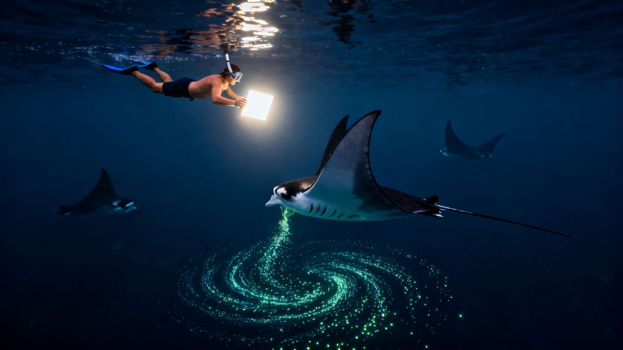 Underwater diver with tablet near manta rays emitting spiral of bioluminescent light.