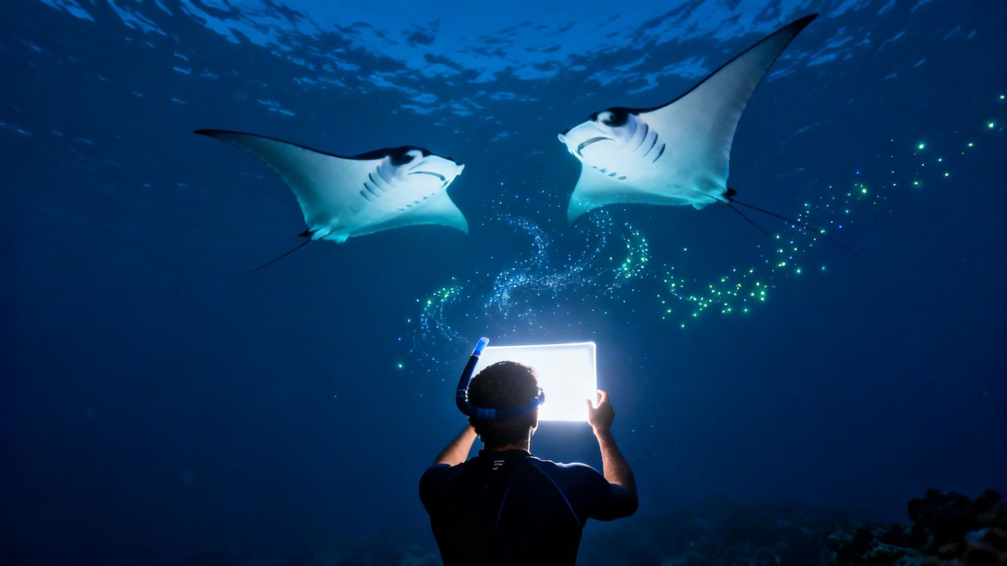 Diver with tablet illuminating two manta rays underwater with glowing particles in blue ocean.
