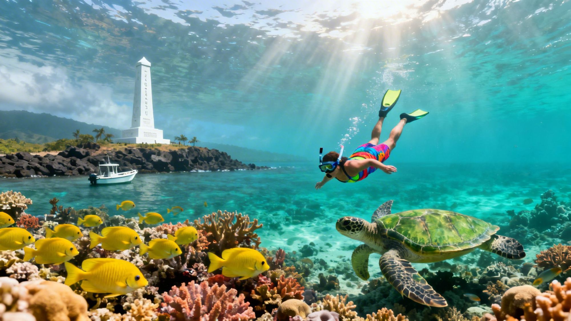Snorkeler swims near sea turtle and coral reef, with monument and boat in the background.