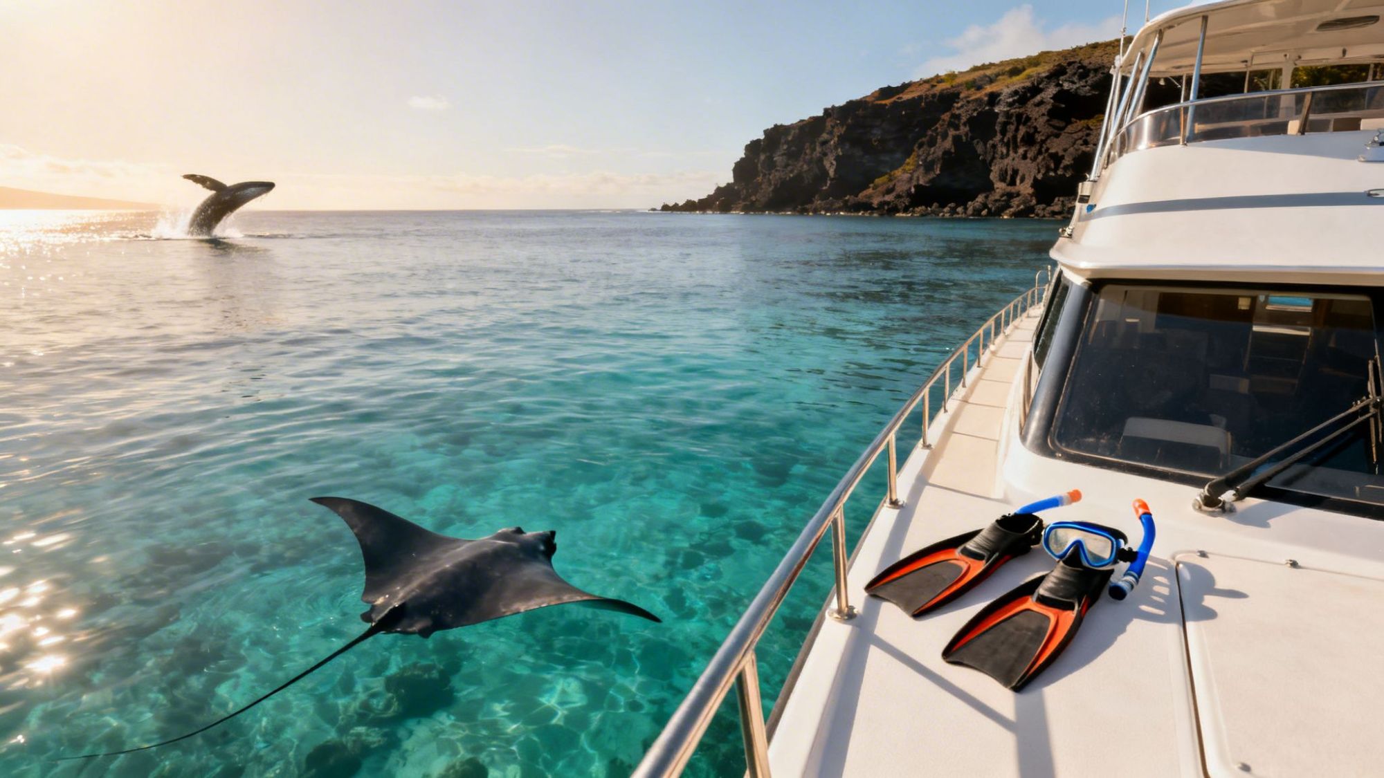 Manta ray swimming near a boat with snorkeling gear, while a whale breaches in the background.