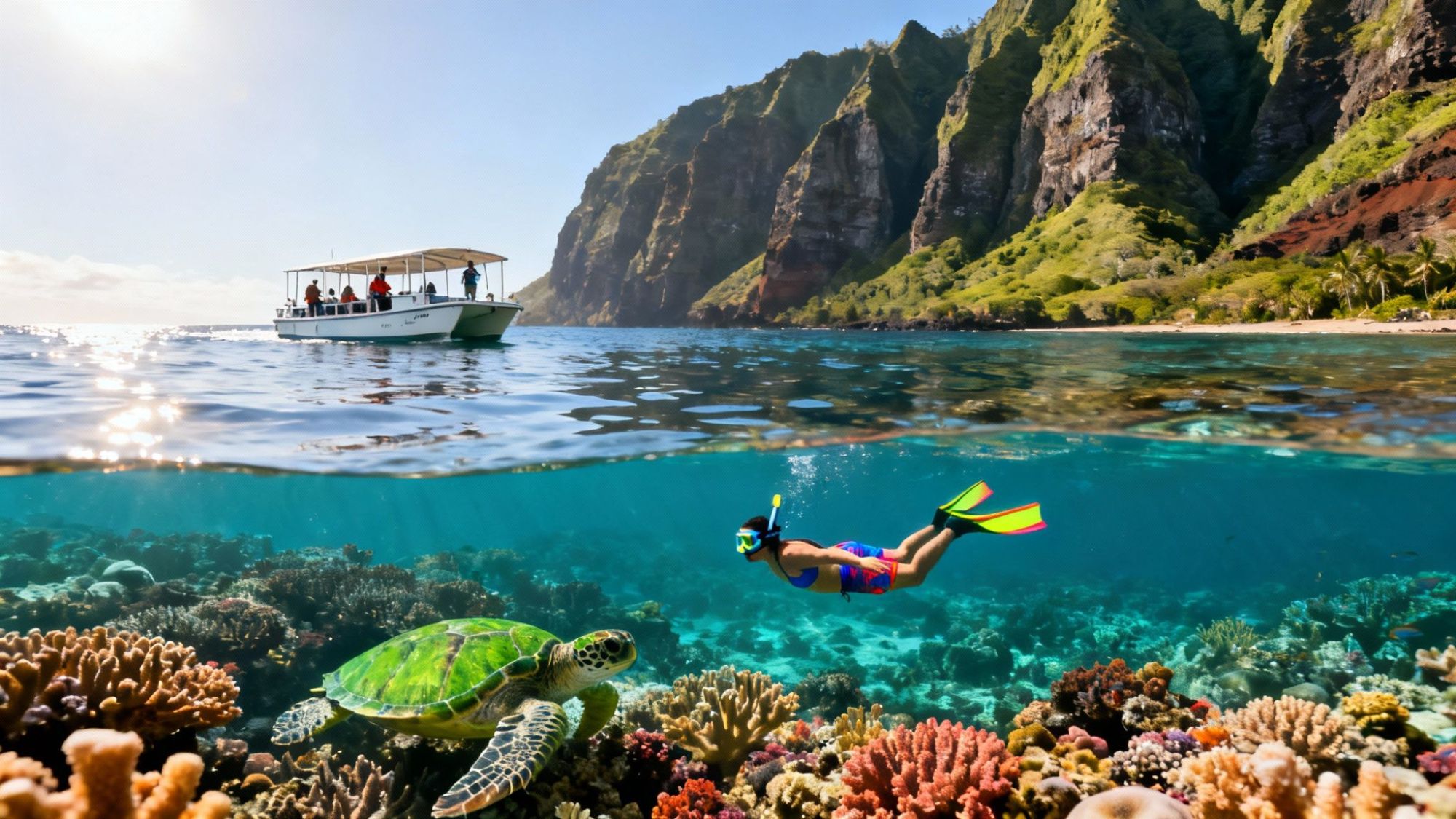 Snorkeler and sea turtle in clear water near a boat and tropical cliffs.