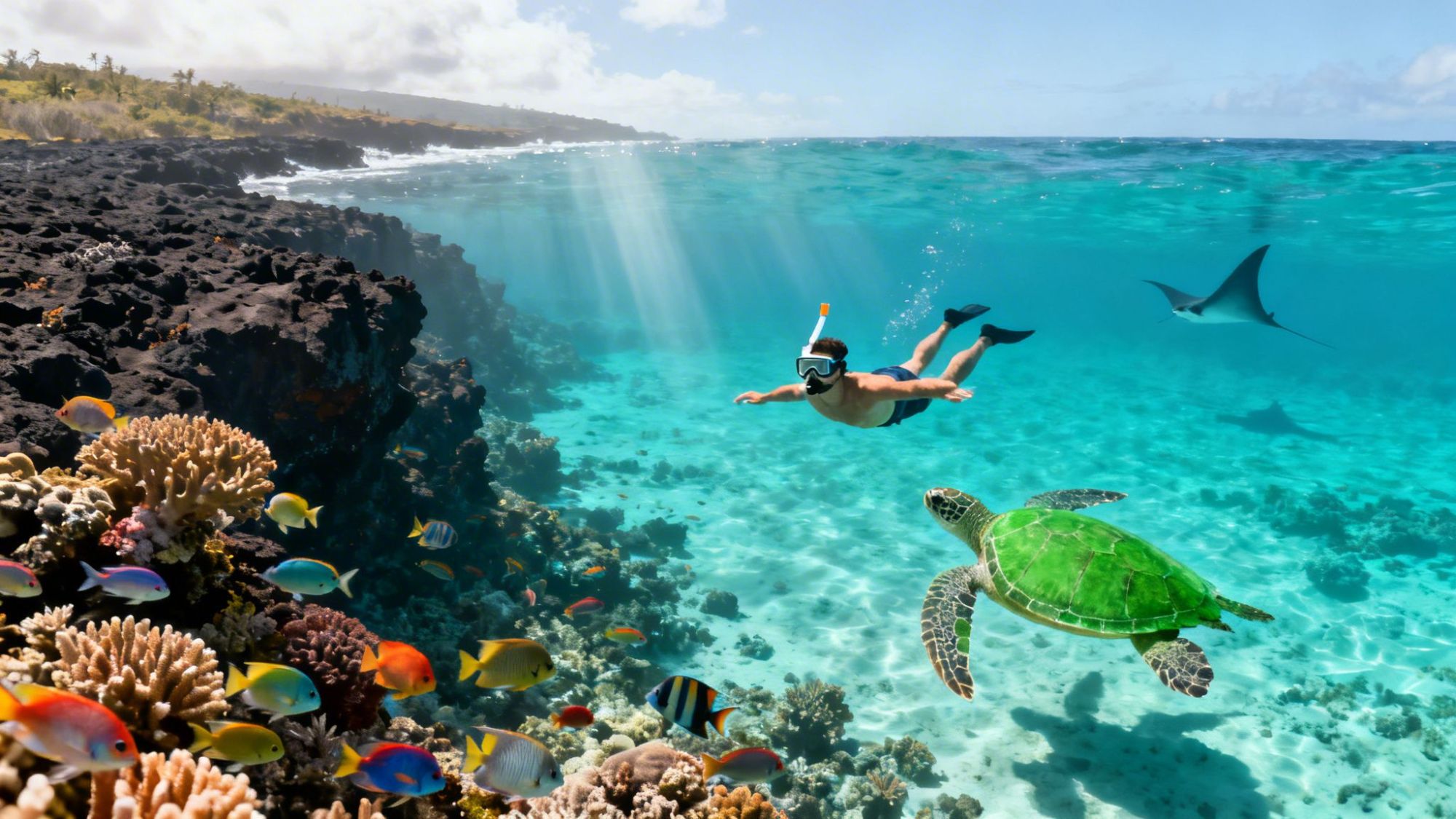 Snorkeler swims above coral reef with colorful fish, turtle, and manta ray in clear turquoise water.
