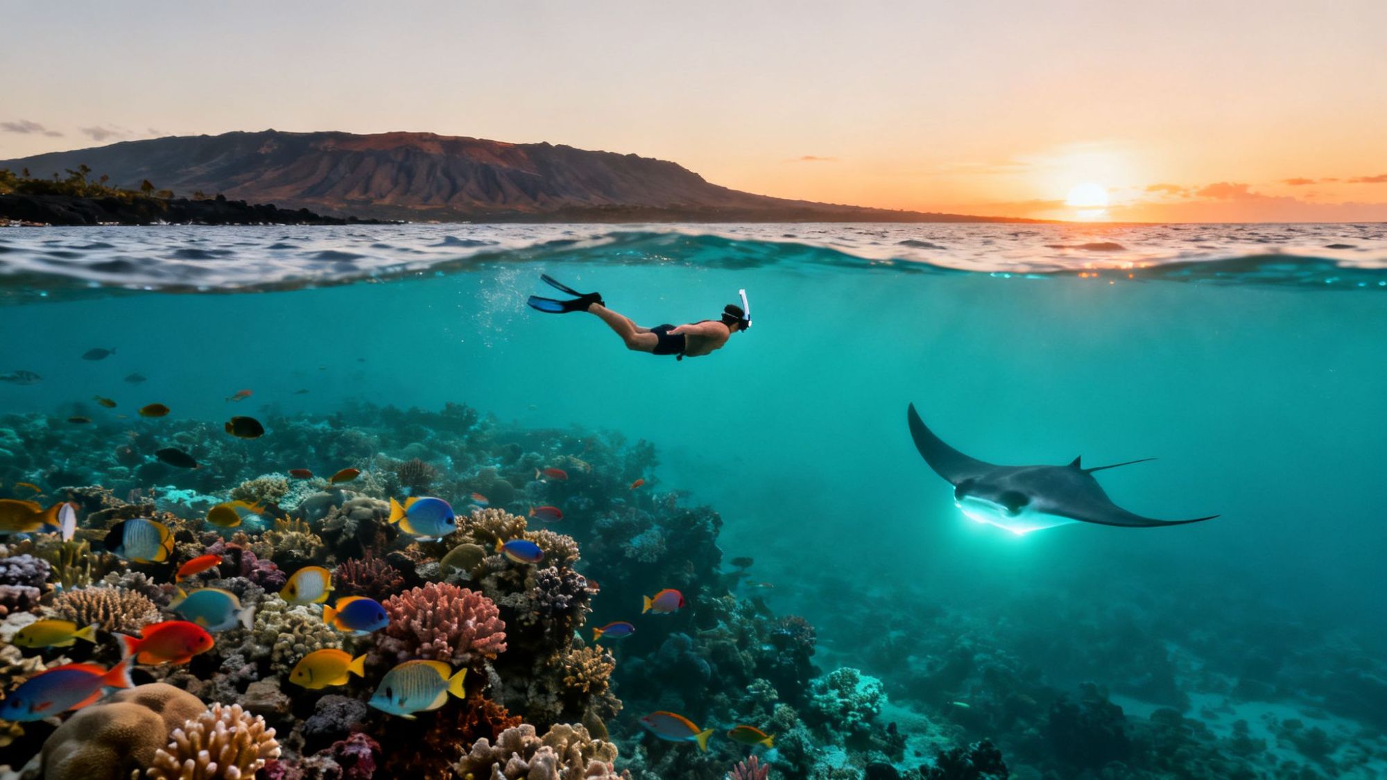 Snorkeler swims above coral reef with fish and manta ray, mountain and sunset in background.