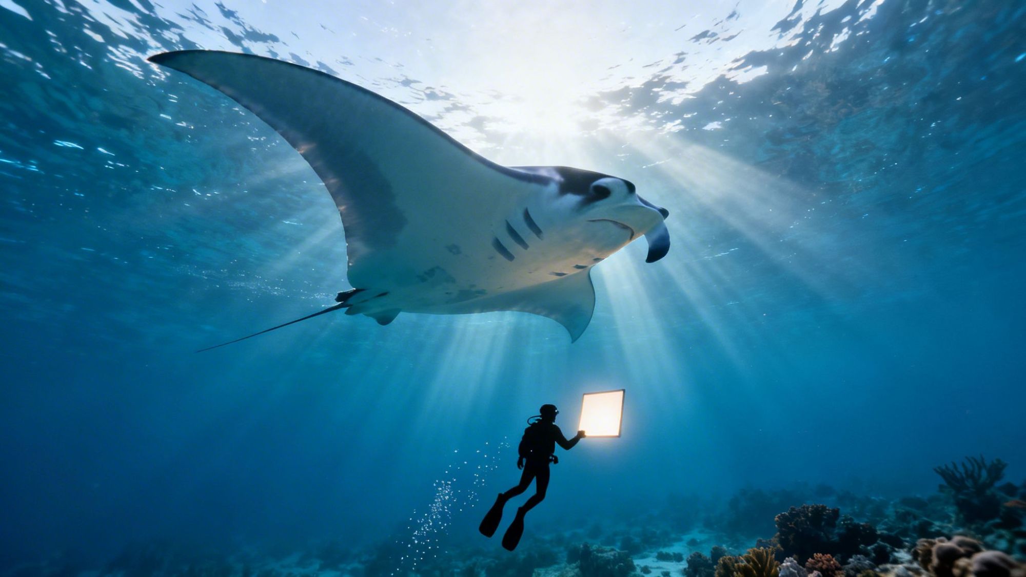 Scuba diver holding light beneath a large manta ray with sun rays filtering through the water.