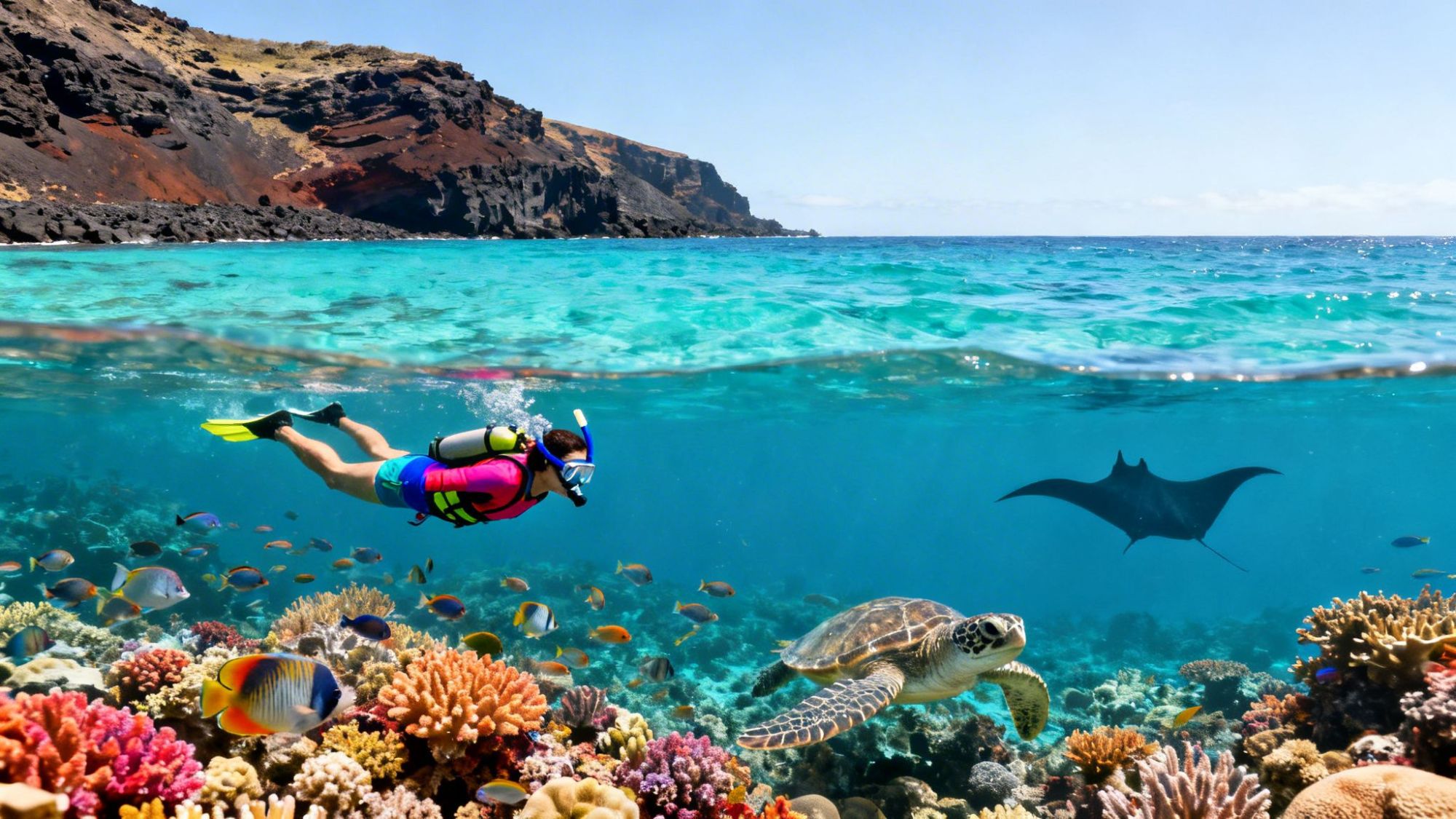 Snorkeler above coral reef with fish, a turtle, and a manta ray in clear blue water near rocky coast.