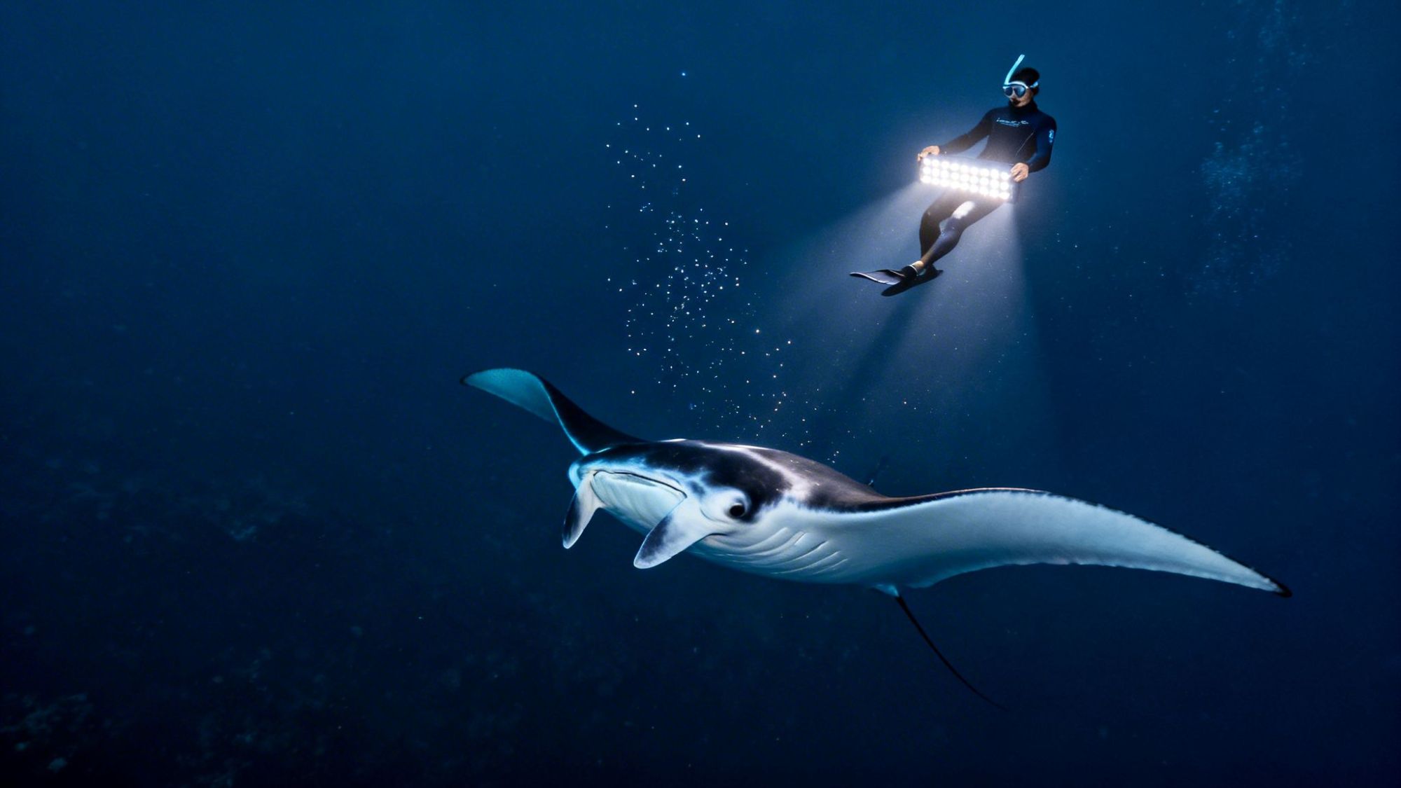 Diver with light follows manta ray underwater, bubbles rising.