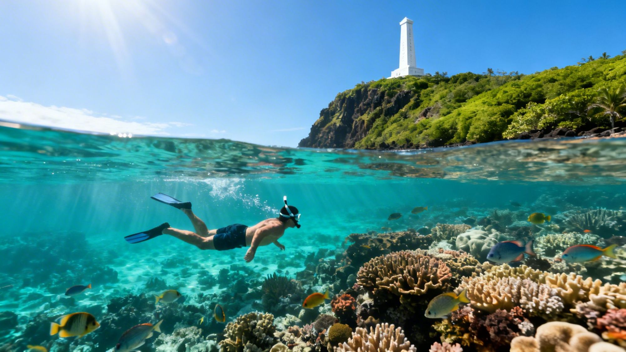 Snorkeler swimming over colorful coral reef with fish, lighthouse on hill in background.
