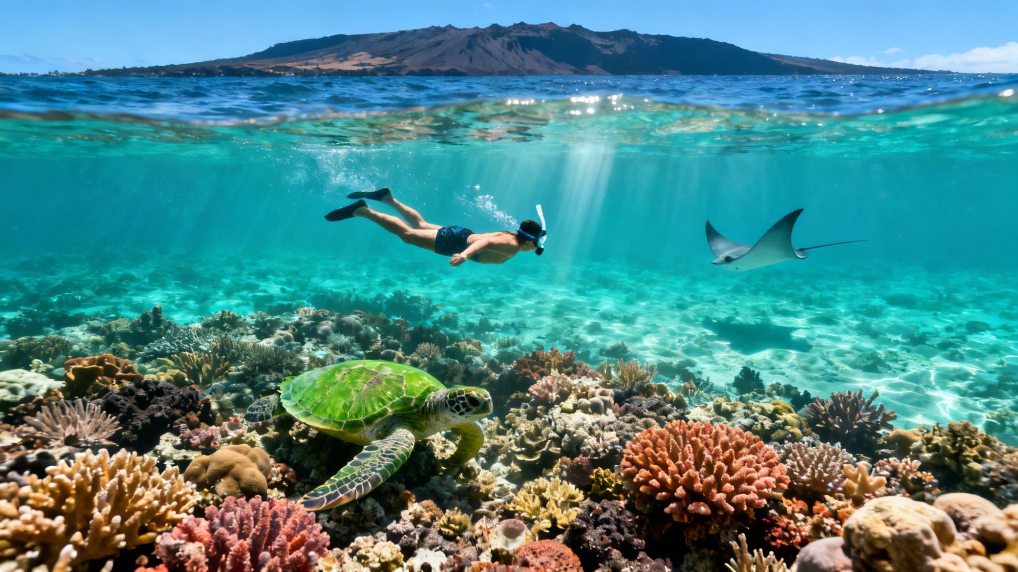 Snorkeler swims over coral reef with turtle and ray, mountain in background.