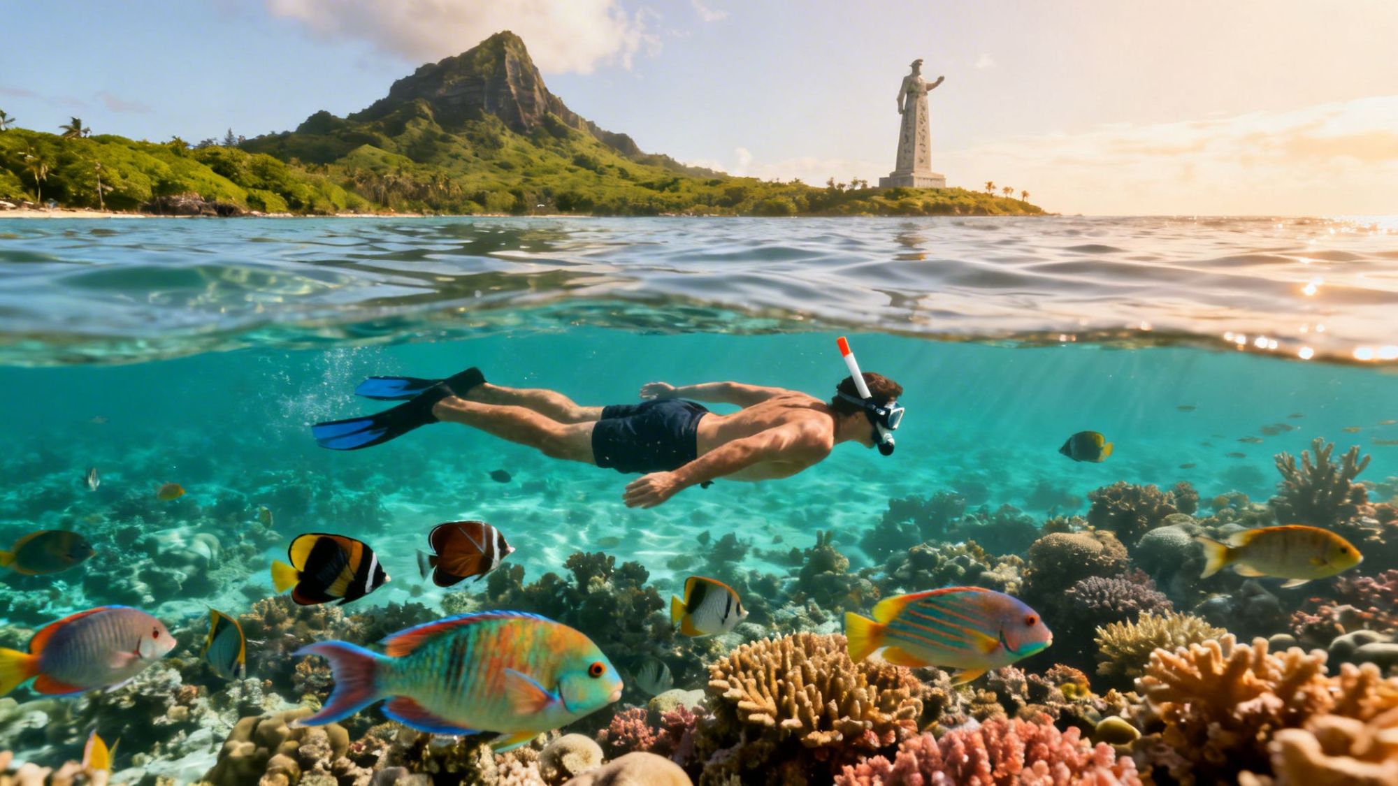 Snorkeler swimming above colorful coral reef with tropical fish, statue on island background.