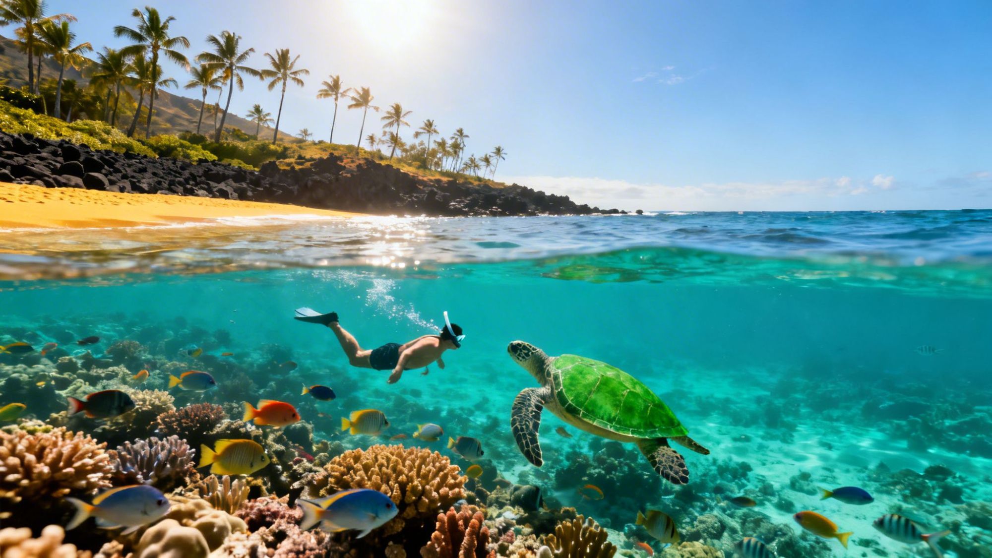 Snorkeler and sea turtle swim over colorful coral reef near tropical beach and palm trees.