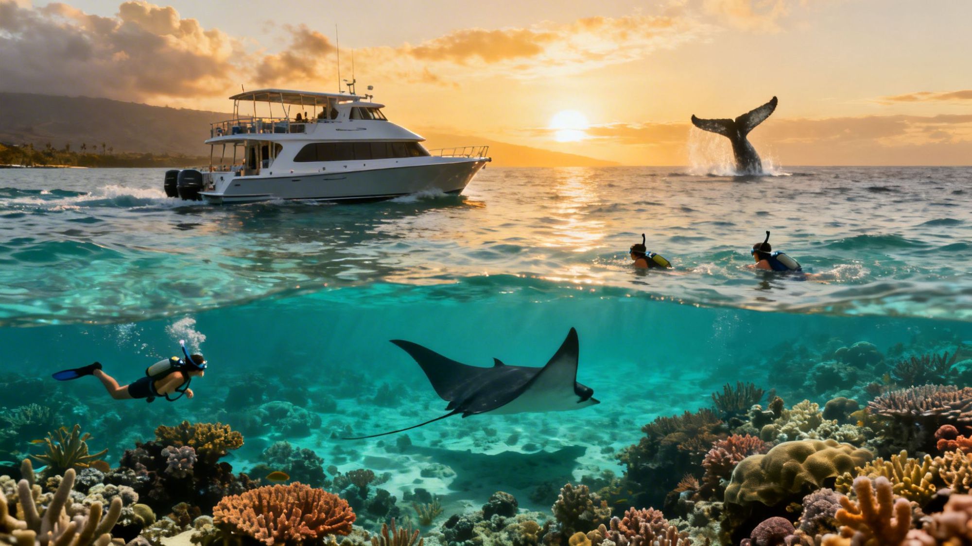 Boat on ocean at sunset, people snorkeling, underwater manta ray, coral reef, whale tail breaching.