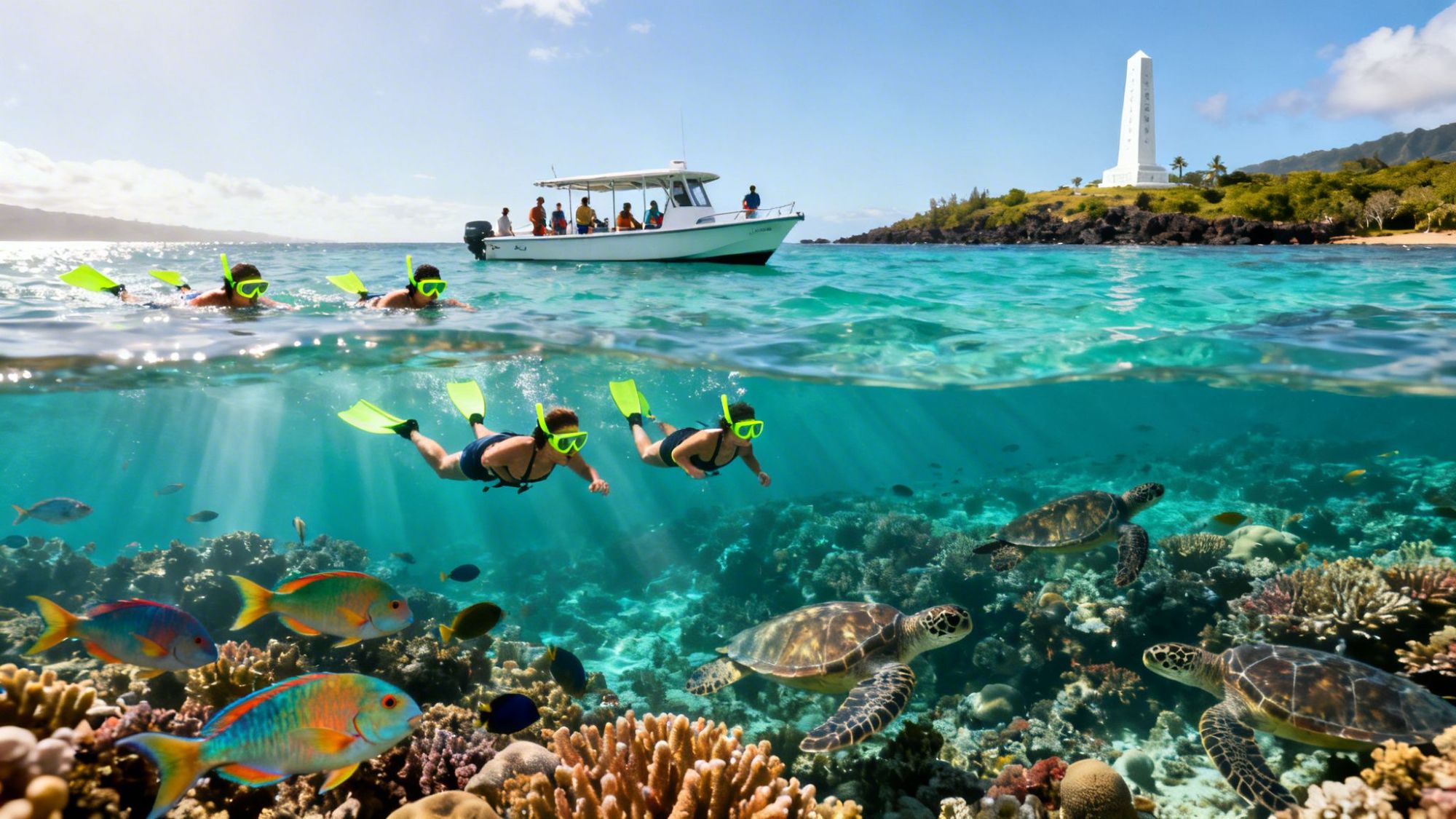 Underwater view of snorkelers and turtles near a boat and island with a tall white monument.