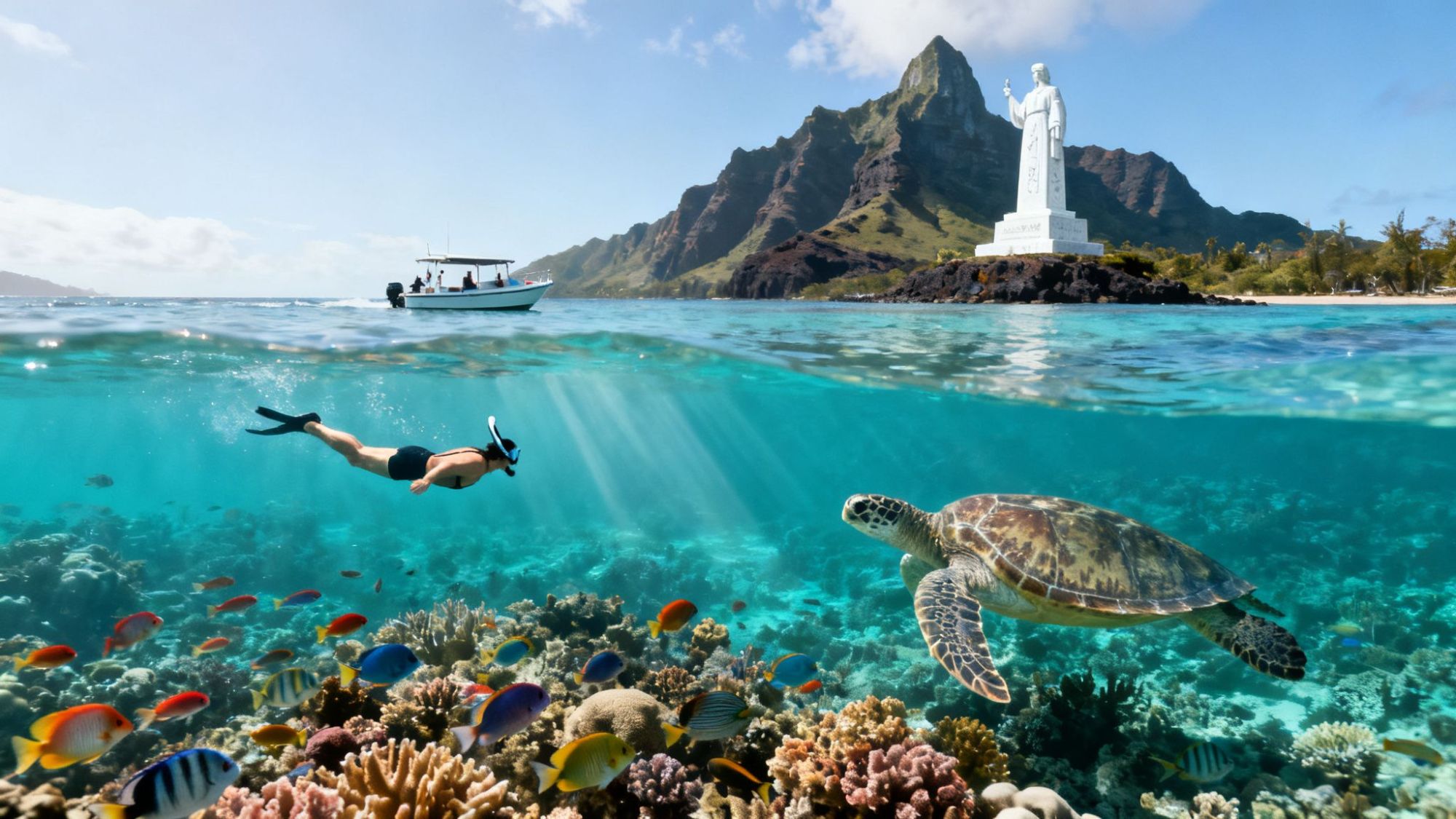Snorkeler and sea turtle in clear water with a statue and mountain in the background.