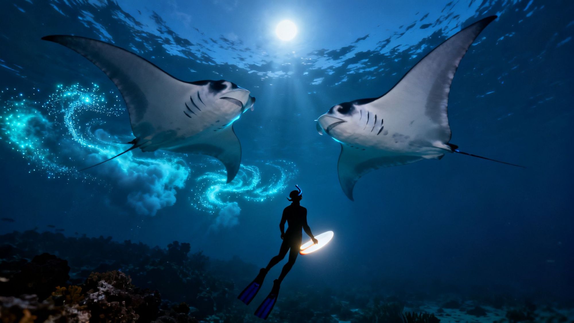 Diver with surfboard under moonlit water, flanked by two giant manta rays with glowing effects.