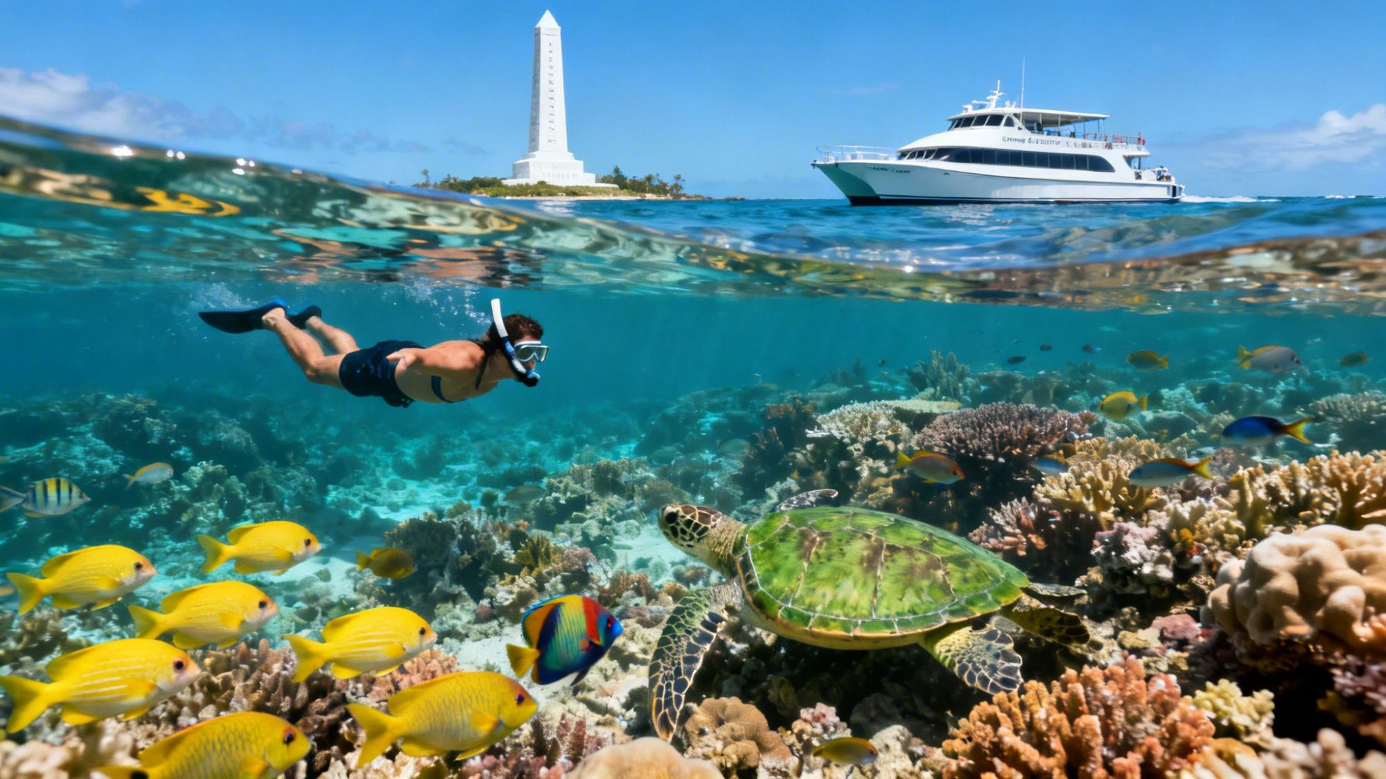 Snorkeler swims near colorful fish and turtle over coral reef, boat and lighthouse in background.