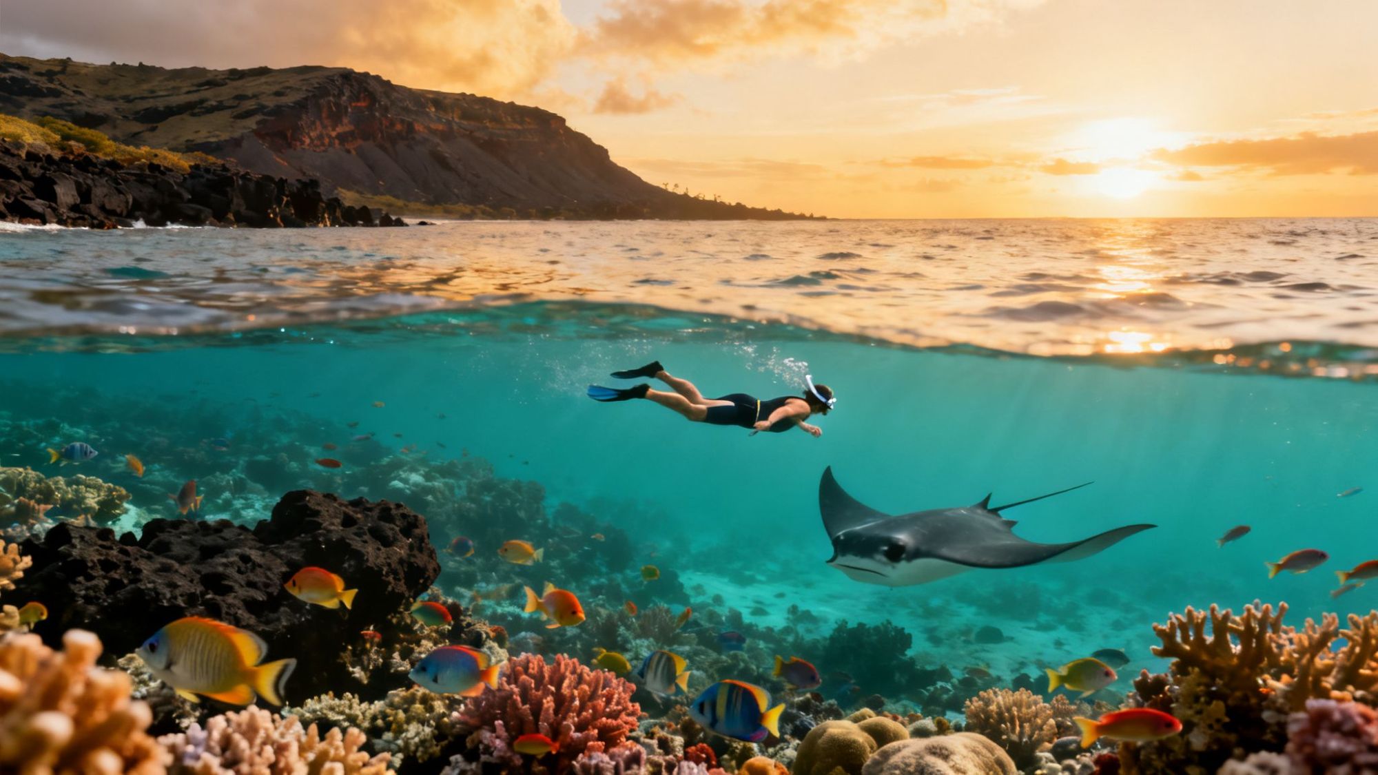 Person snorkeling over coral reef with manta ray, colorful fish, and sunset.