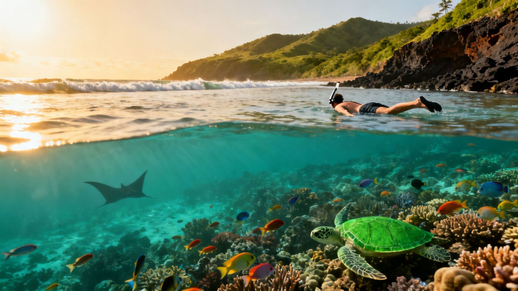 Person snorkeling above coral reef with turtle and fish, manta ray visible. Island backdrop, sunny weather.