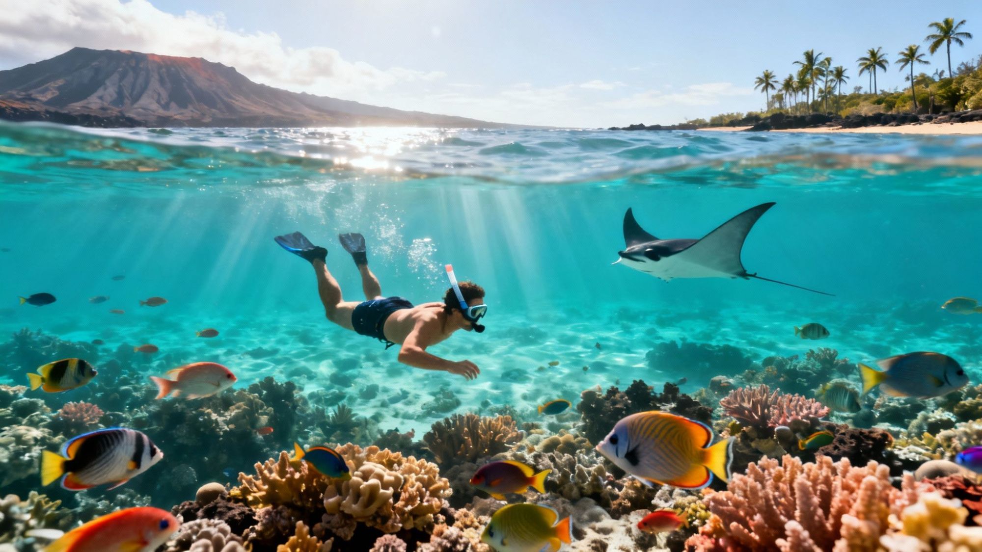 Snorkeler swims with manta ray over colorful coral reef near tropical beach and mountainous backdrop.