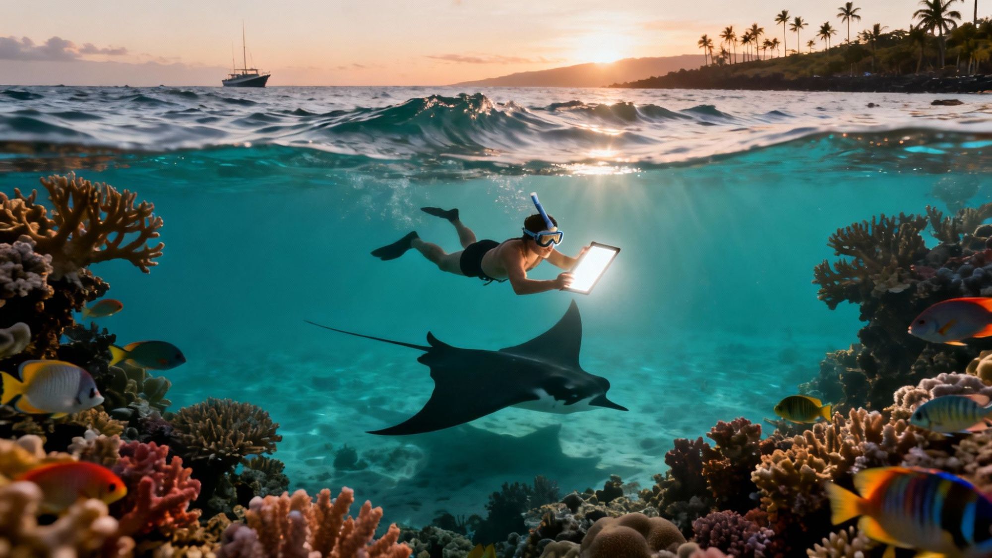 Snorkeler with tablet underwater, above coral and manta ray, sailboat in background at sunset.