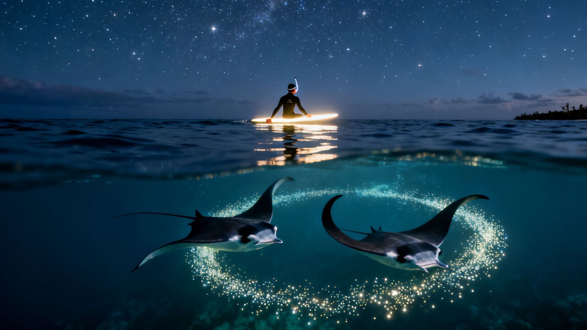 Snorkeler with glowing board and two manta rays beneath starry night sky.