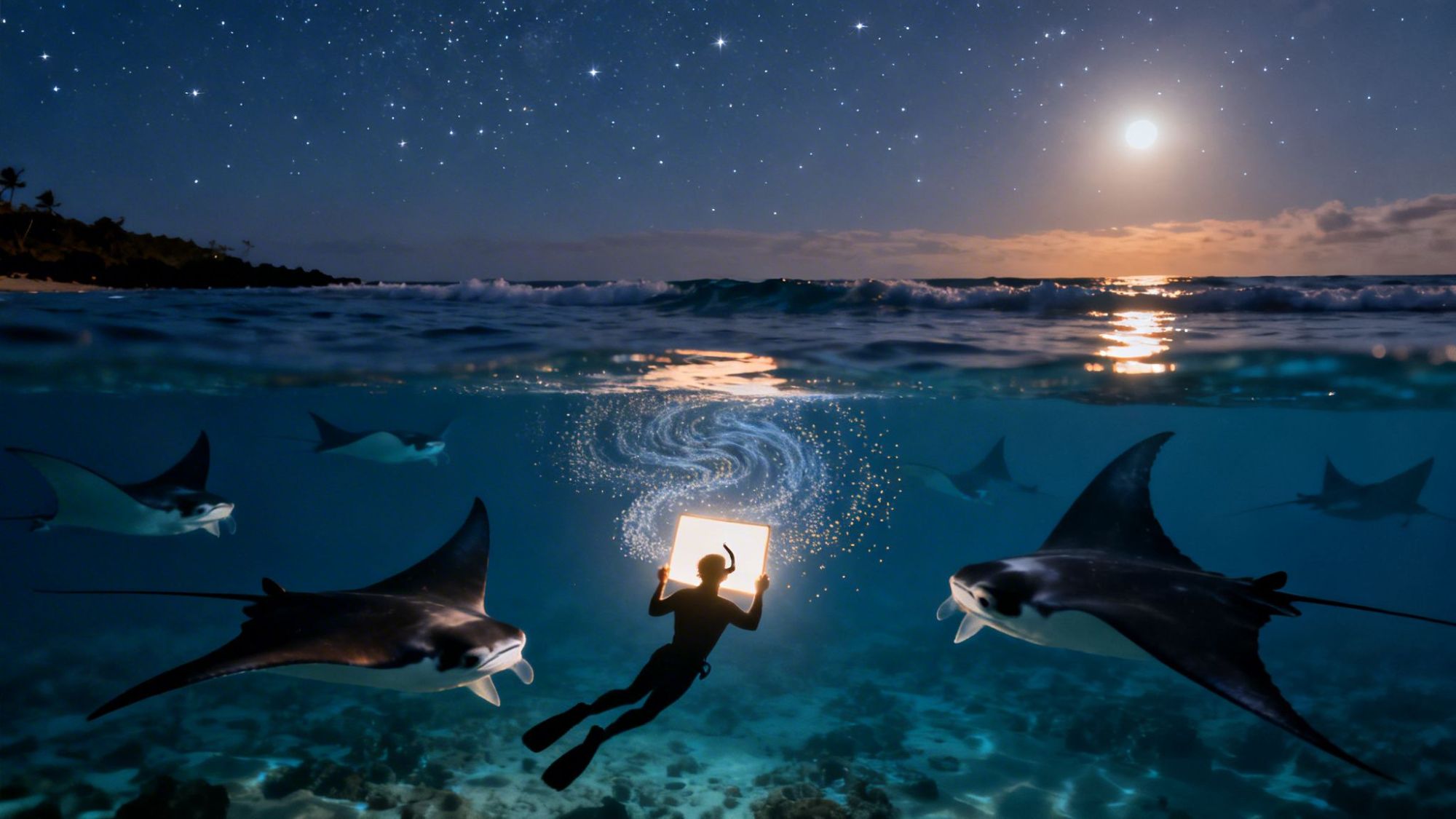 Diver holding glowing tablet underwater with manta rays, starry sky, and full moon above the ocean surface.