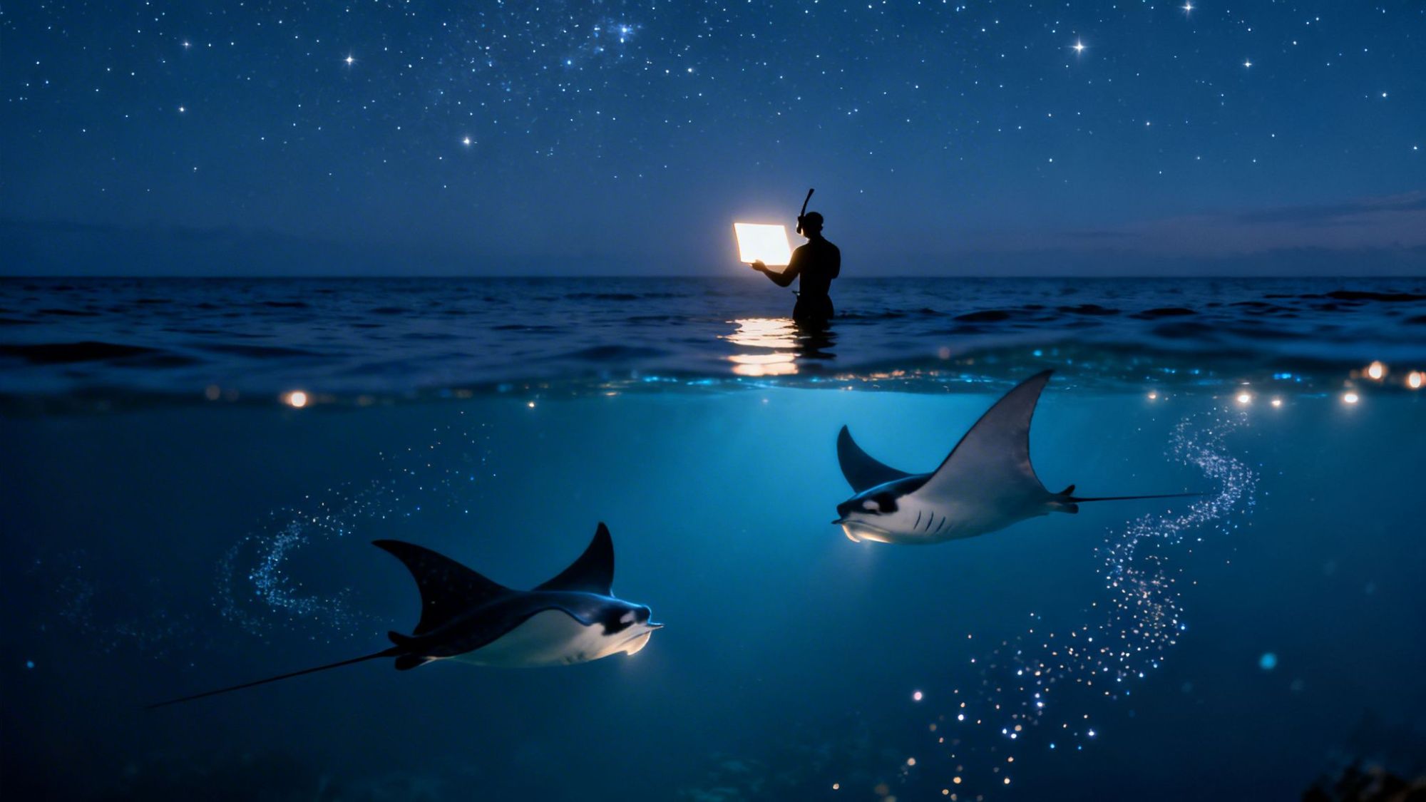 Snorkeler with tablet above water; bioluminescent manta rays below under starry night sky.
