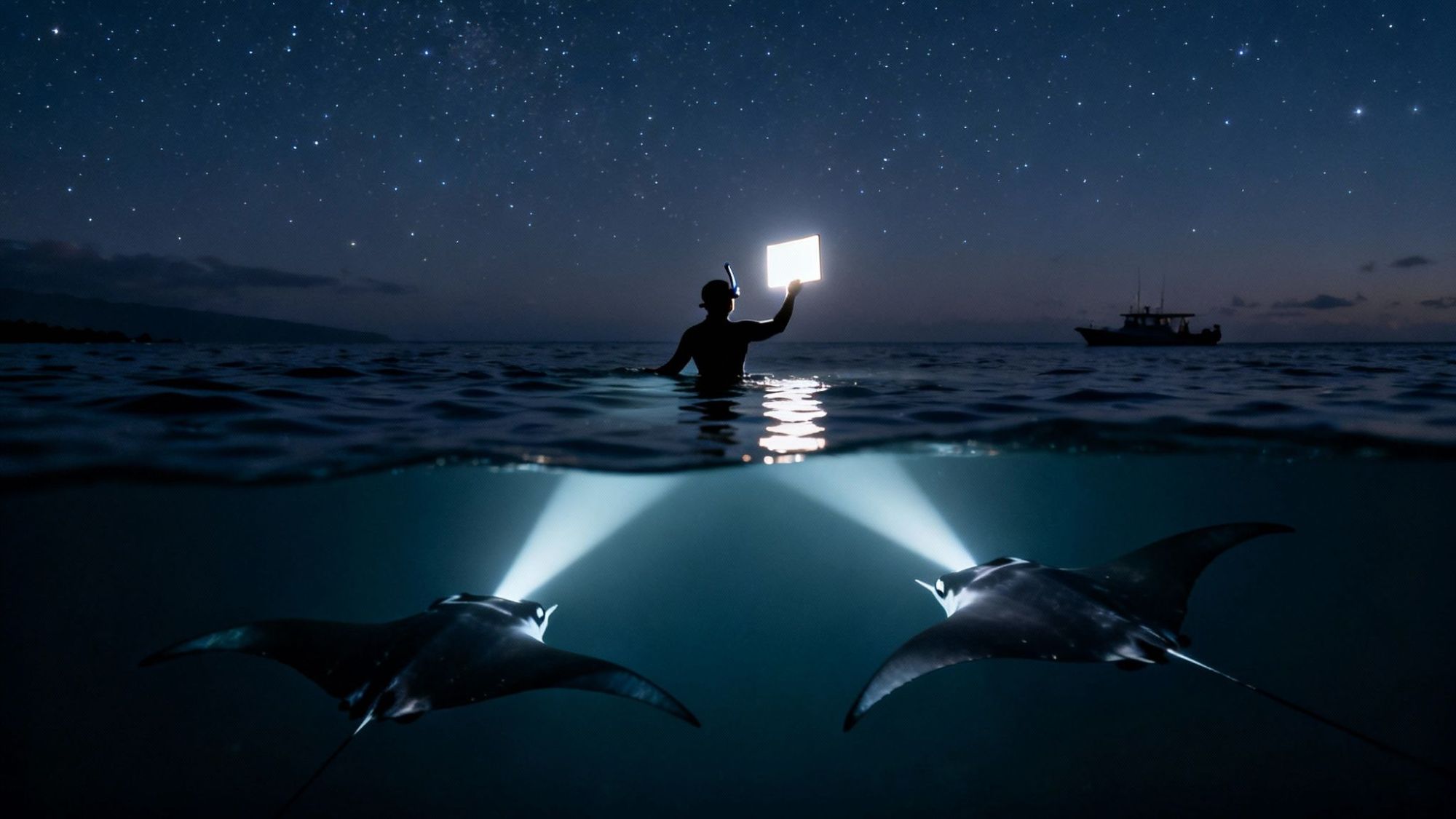 Nighttime split view of snorkeler with tablet above water and two manta rays underwater with lights.