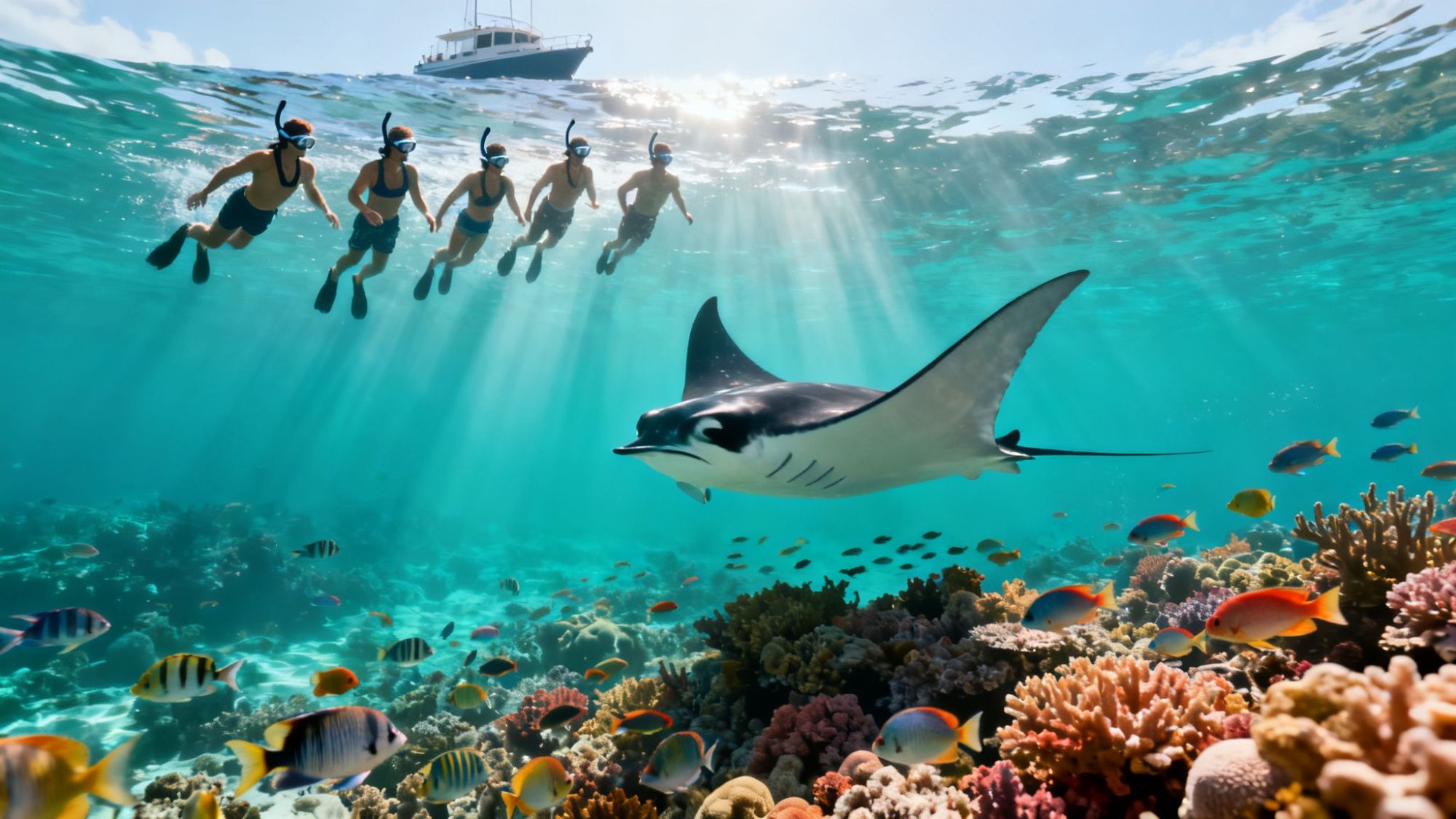 Snorkelers swim above a manta ray and colorful coral reef, with fish and a boat on the surface.