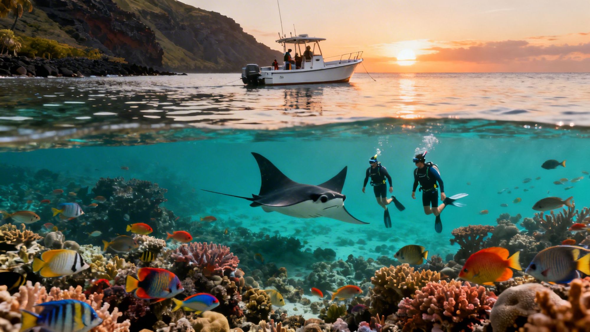 Snorkelers swim with ray and fish above coral reef near boat at sunset.