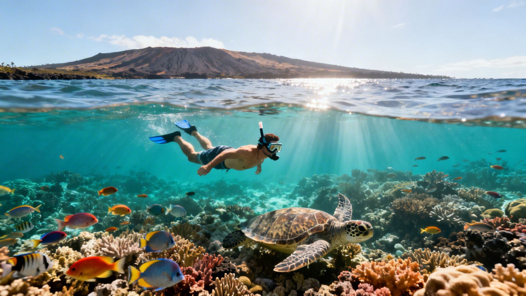 Person snorkeling over coral reef with colorful fish and a turtle below, mountain in background.