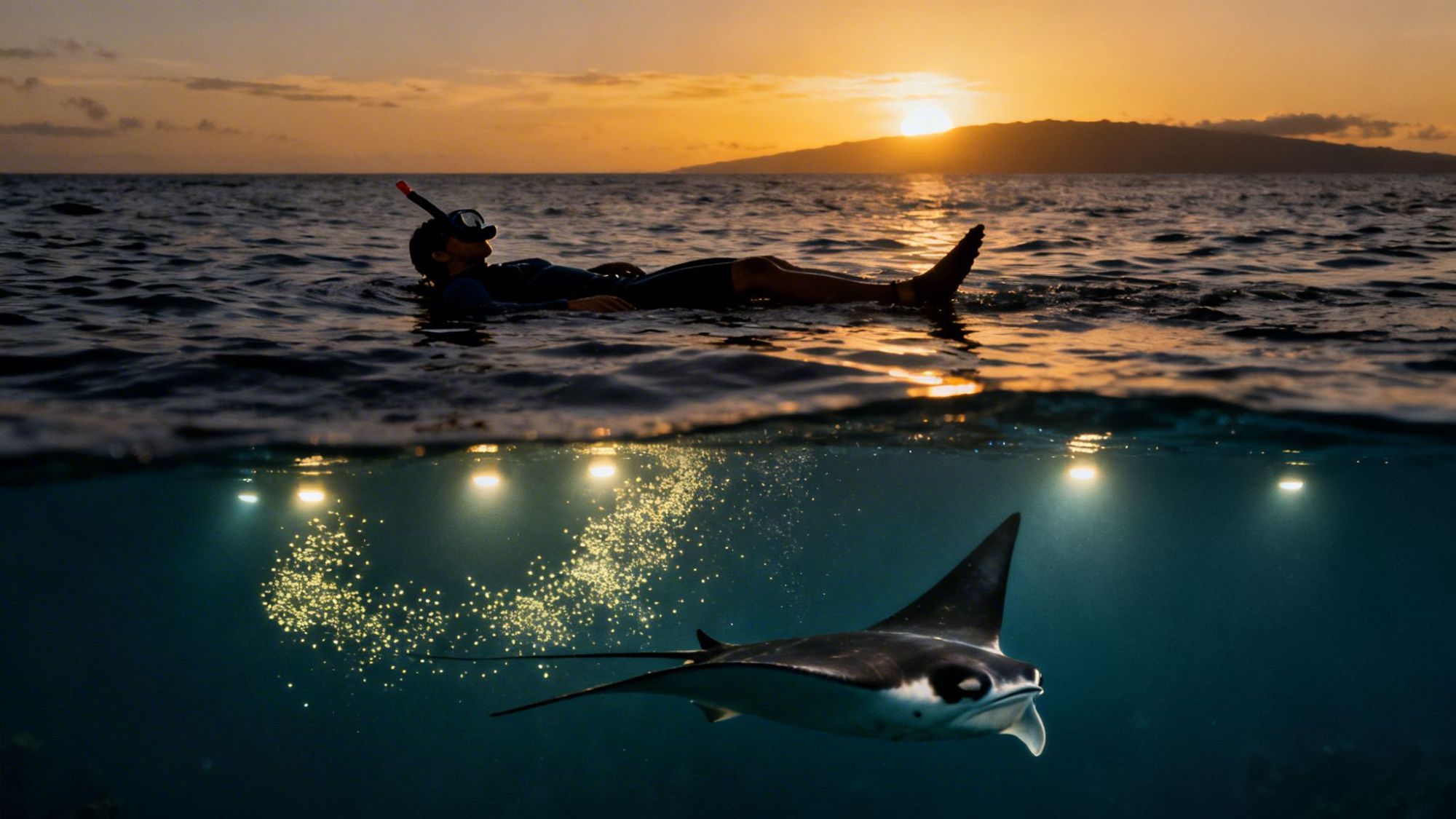 Person snorkeling at sunset with a manta ray underwater and lights illuminating the ocean.