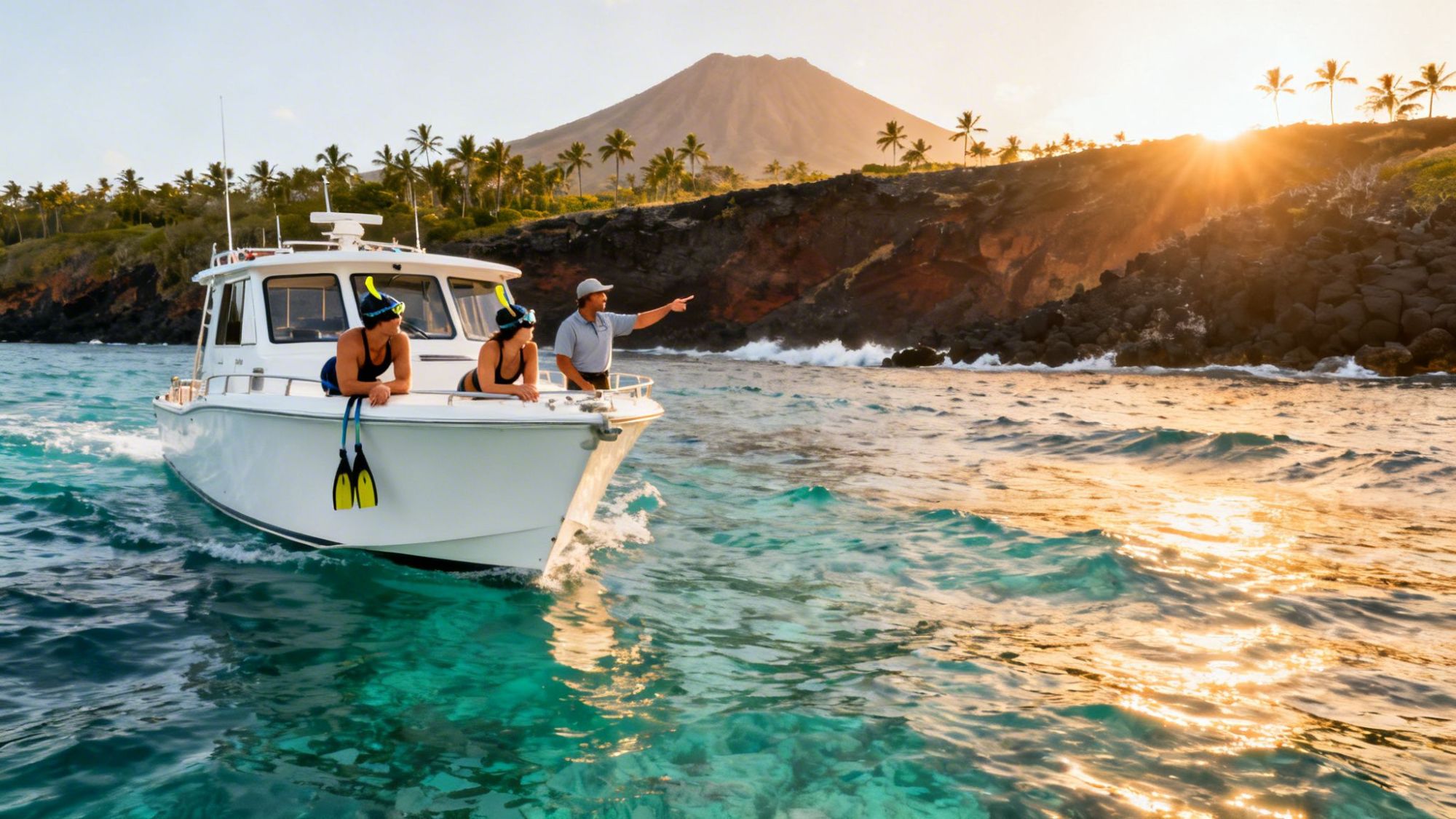 Boat with three people near coastal cliffs and palm trees at sunset.