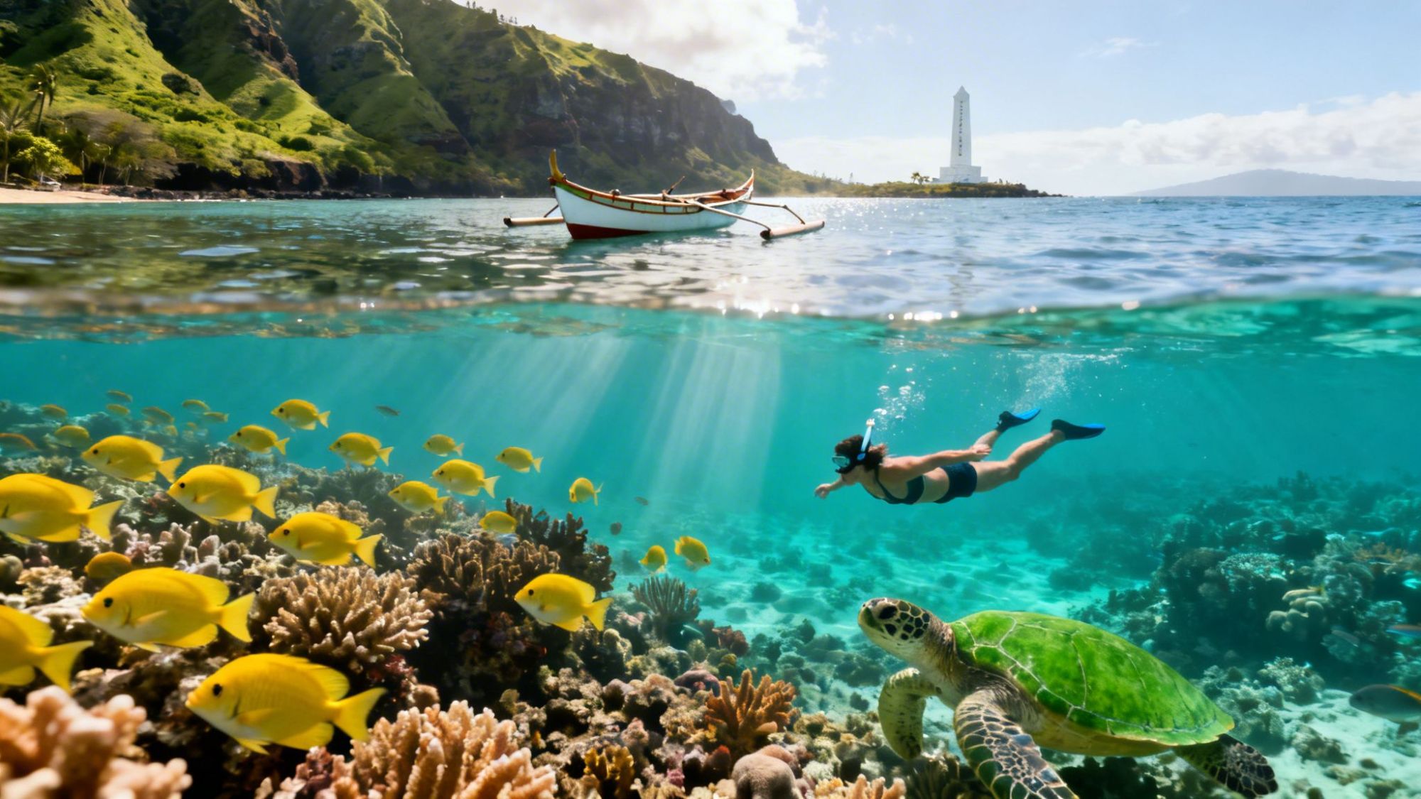 Split view of a snorkeler, fish, and turtle underwater with boat and lighthouse above.