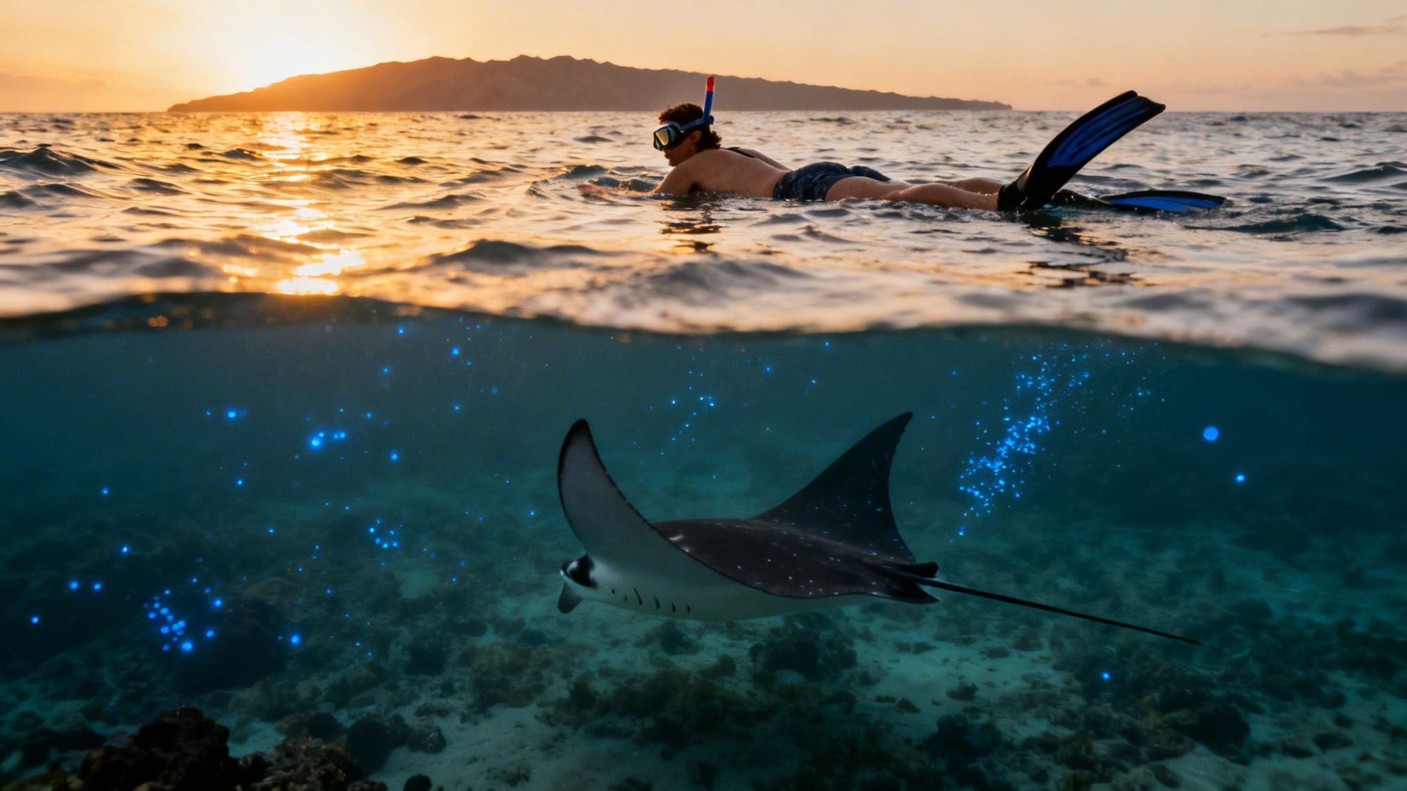 Snorkeler above water with a manta ray and glowing particles underwater at sunset.