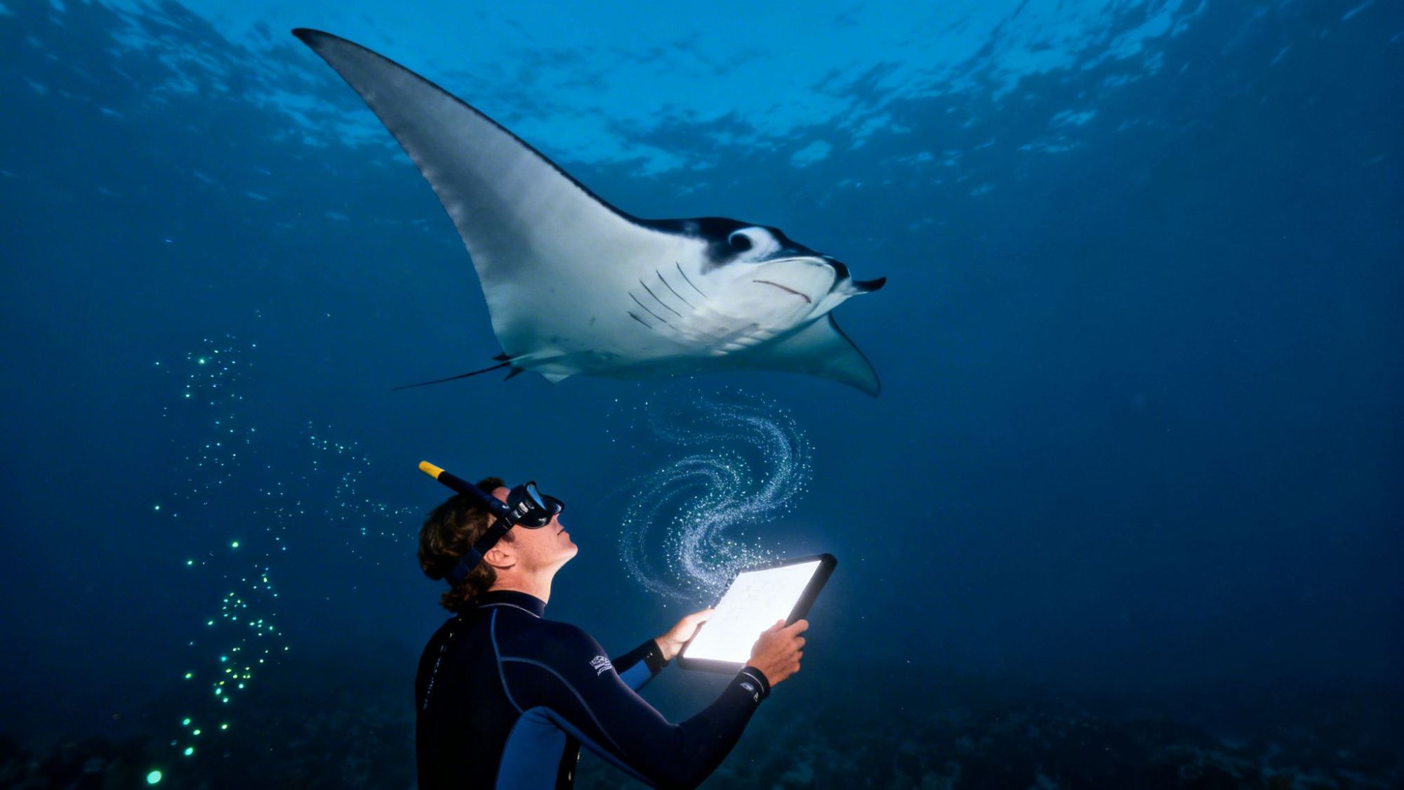 Diver with a tablet looks up at a manta ray underwater, with bubbles around.